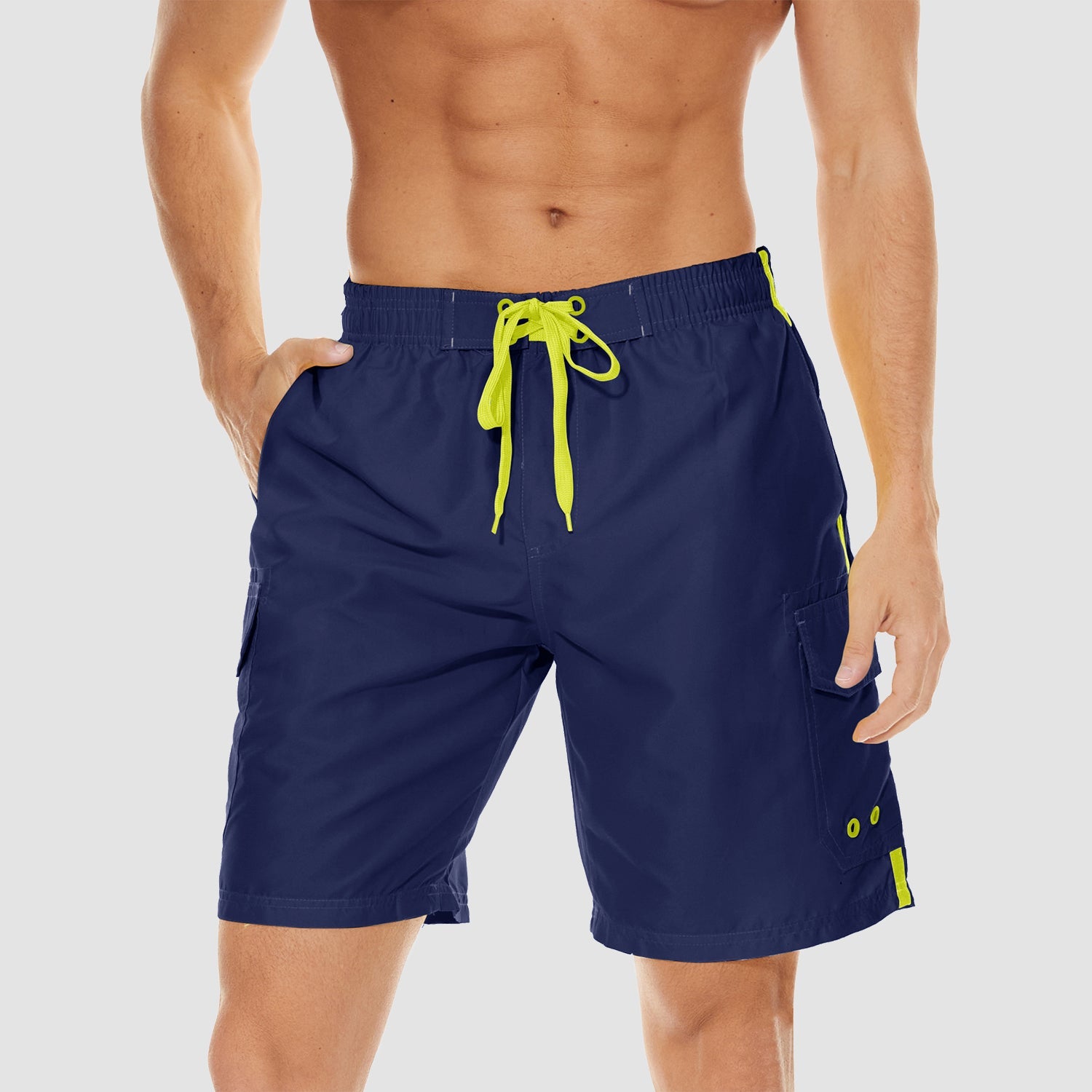 Men's quick dry swim trunks navy blue relaxed fit with mesh liner and 4 secure pockets
