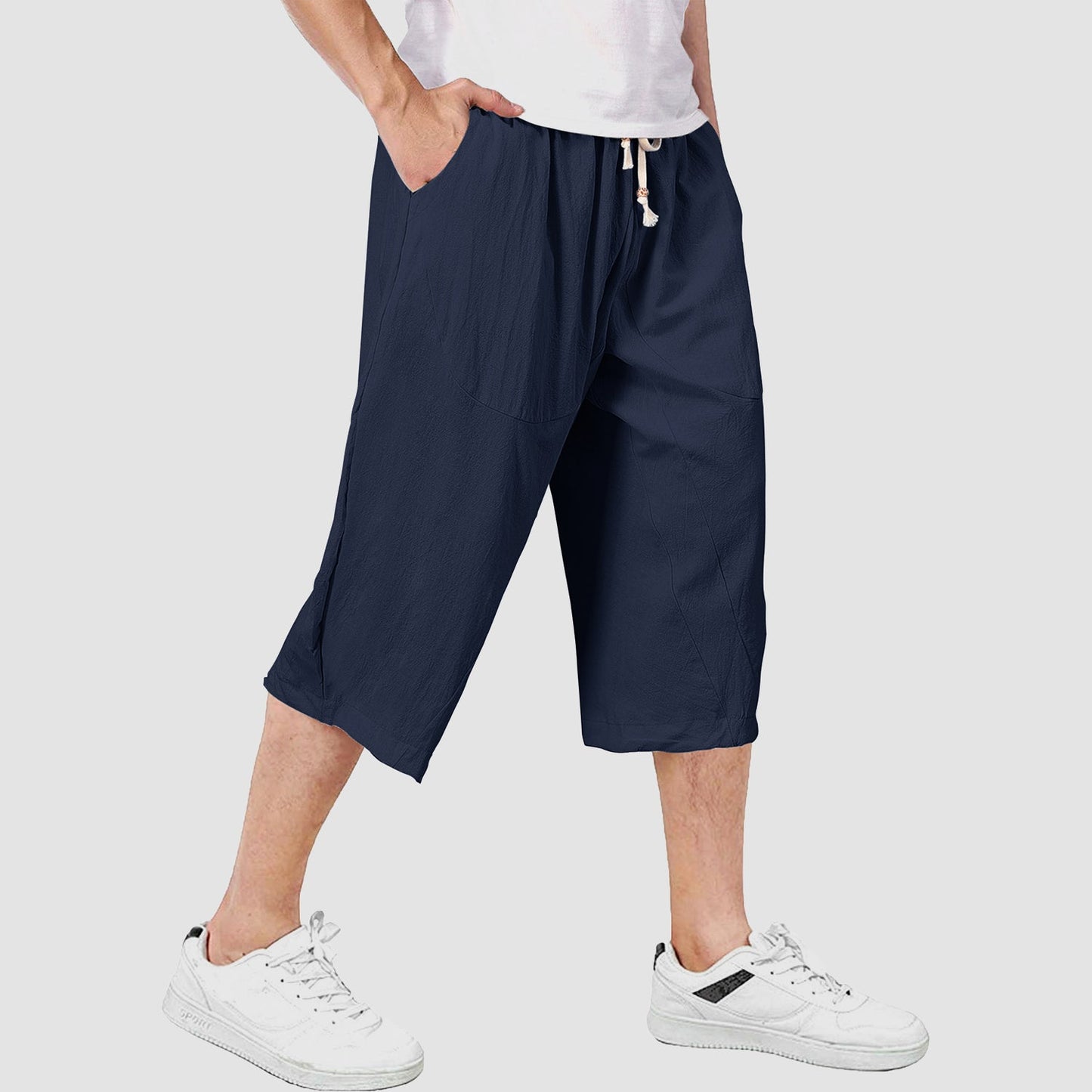 Men's linen cotton capri shorts breathable baggy fit elastic drawstring waist casual comfort