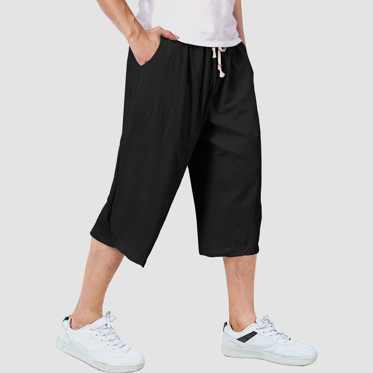 Men's linen cotton capri shorts baggy fit elastic drawstring waist breathable casual style