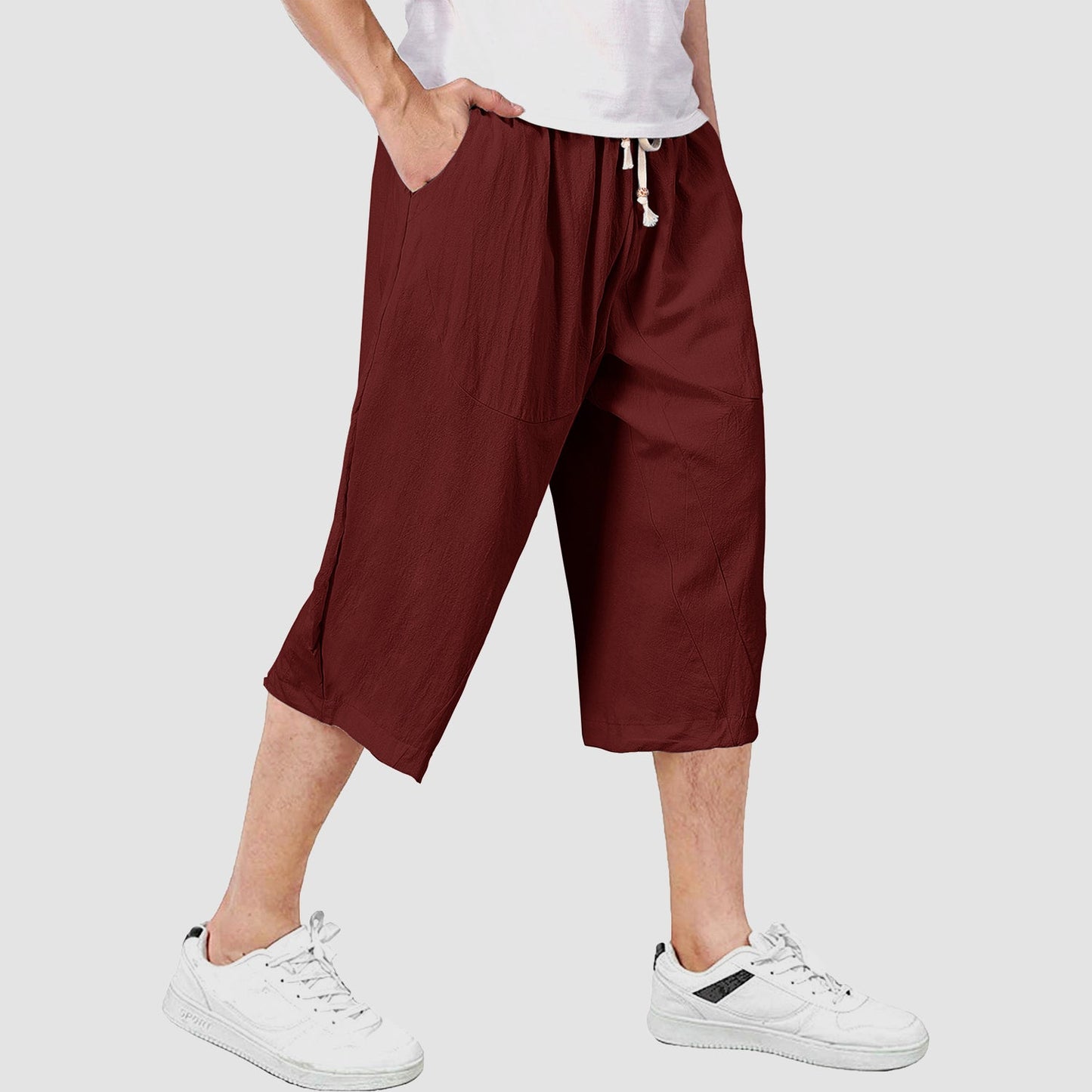 Men's linen cotton capri shorts baggy fit elastic drawstring waist breathable casual style