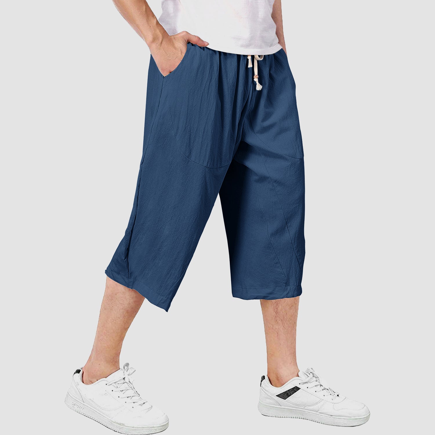 Men's linen cotton capri shorts baggy fit elastic drawstring waist breathable lightweight casual
