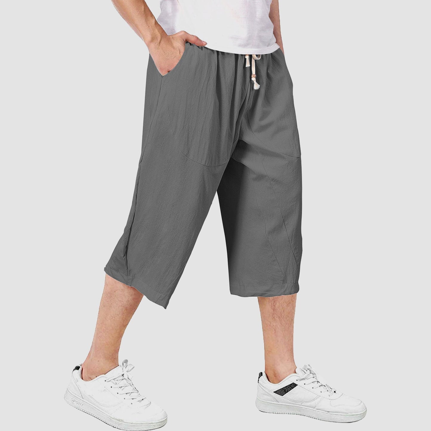 Men's linen cotton capri shorts baggy fit elastic drawstring waist breathable casual style