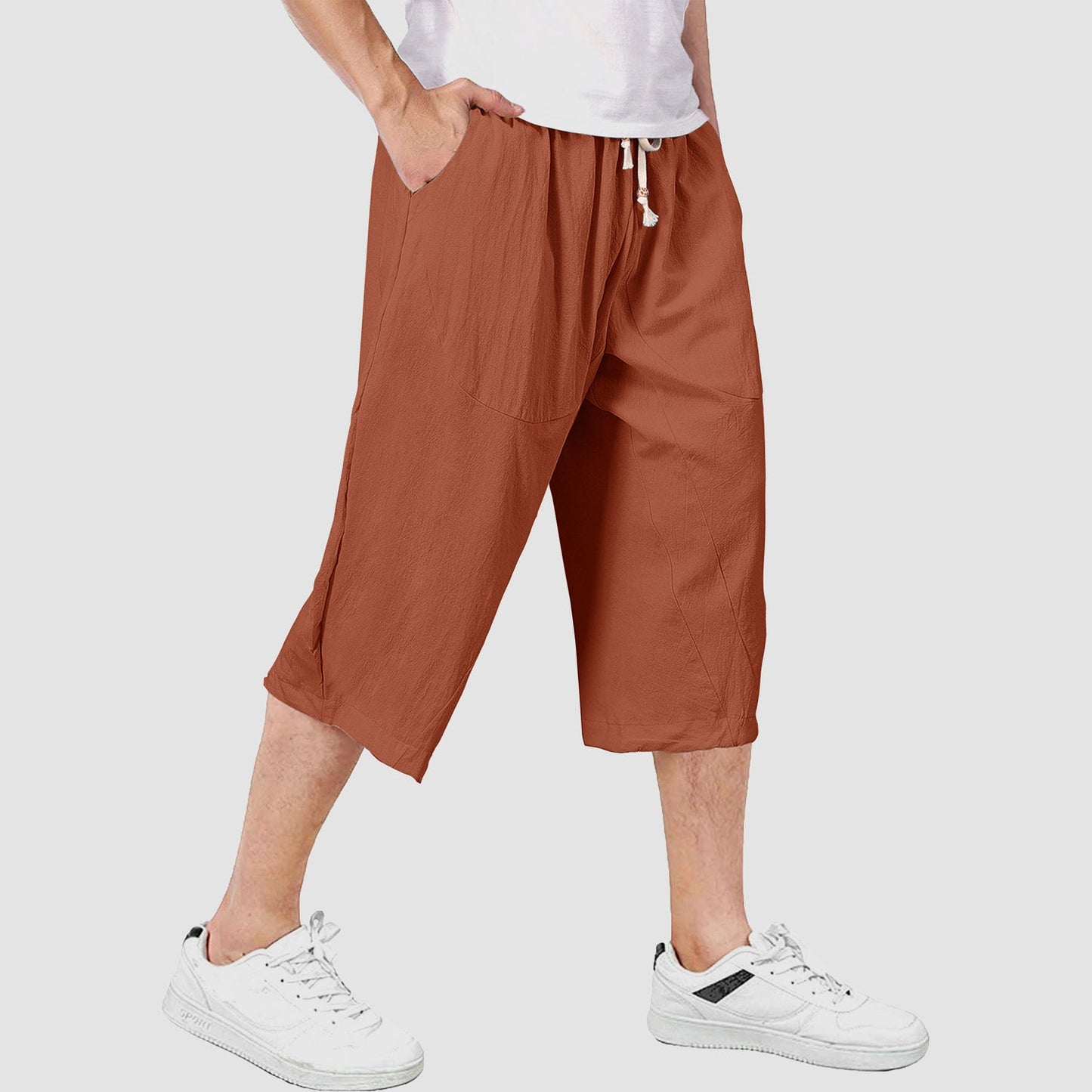 Men's linen cotton capri shorts baggy fit elastic drawstring waist breathable casual style