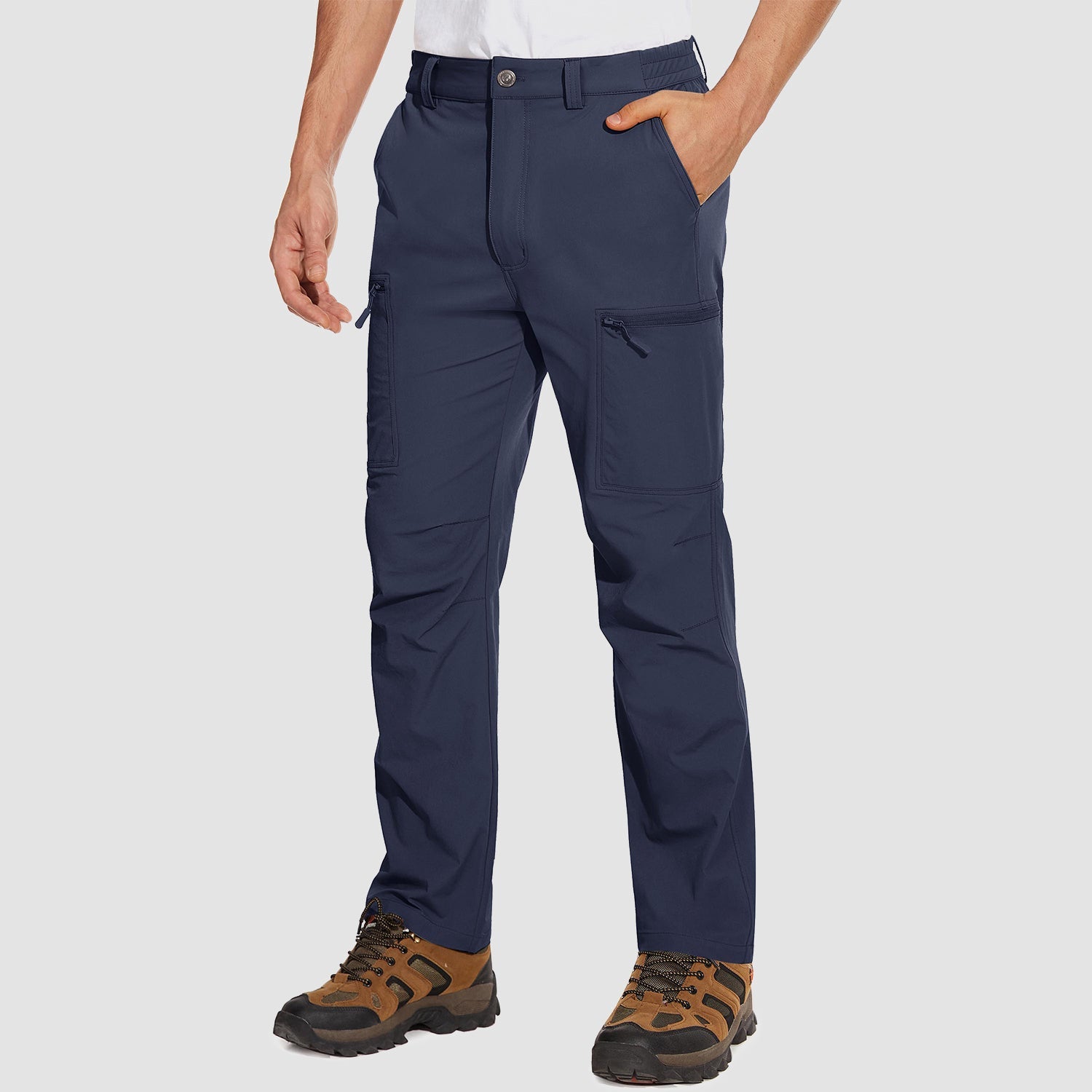 Men's olive green stretch cargo pants with water-resistant ripstop fabric and 6 functional pockets