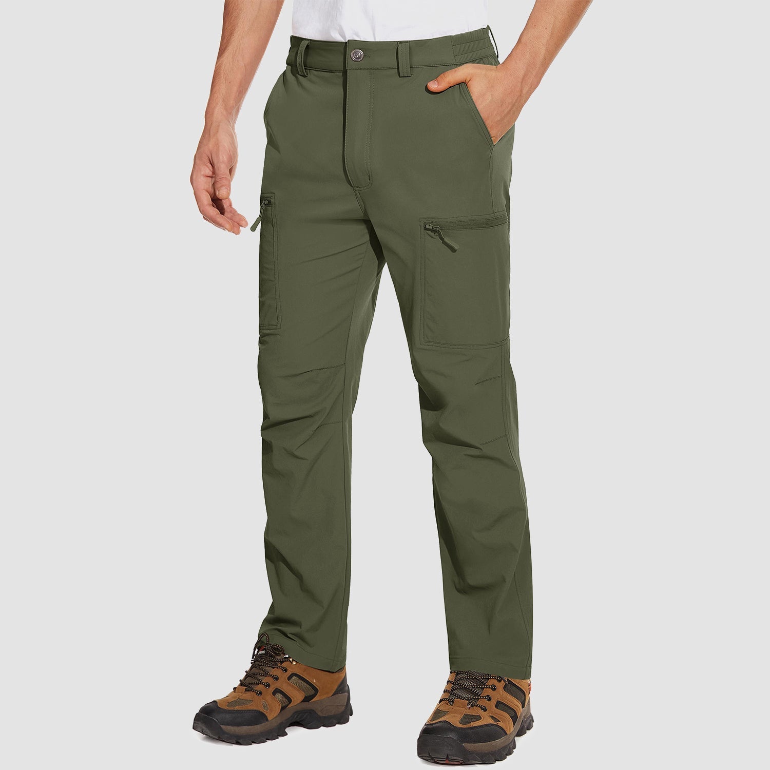 Men's olive green stretch cargo pants water-resistant ripstop fabric 6-pocket outdoor hiking style