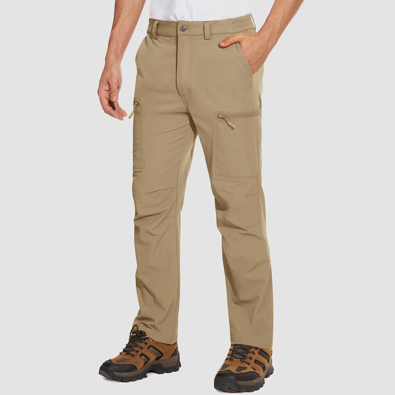 Men's olive green stretch cargo pants water-resistant ripstop fabric 6-pocket outdoor hiking style