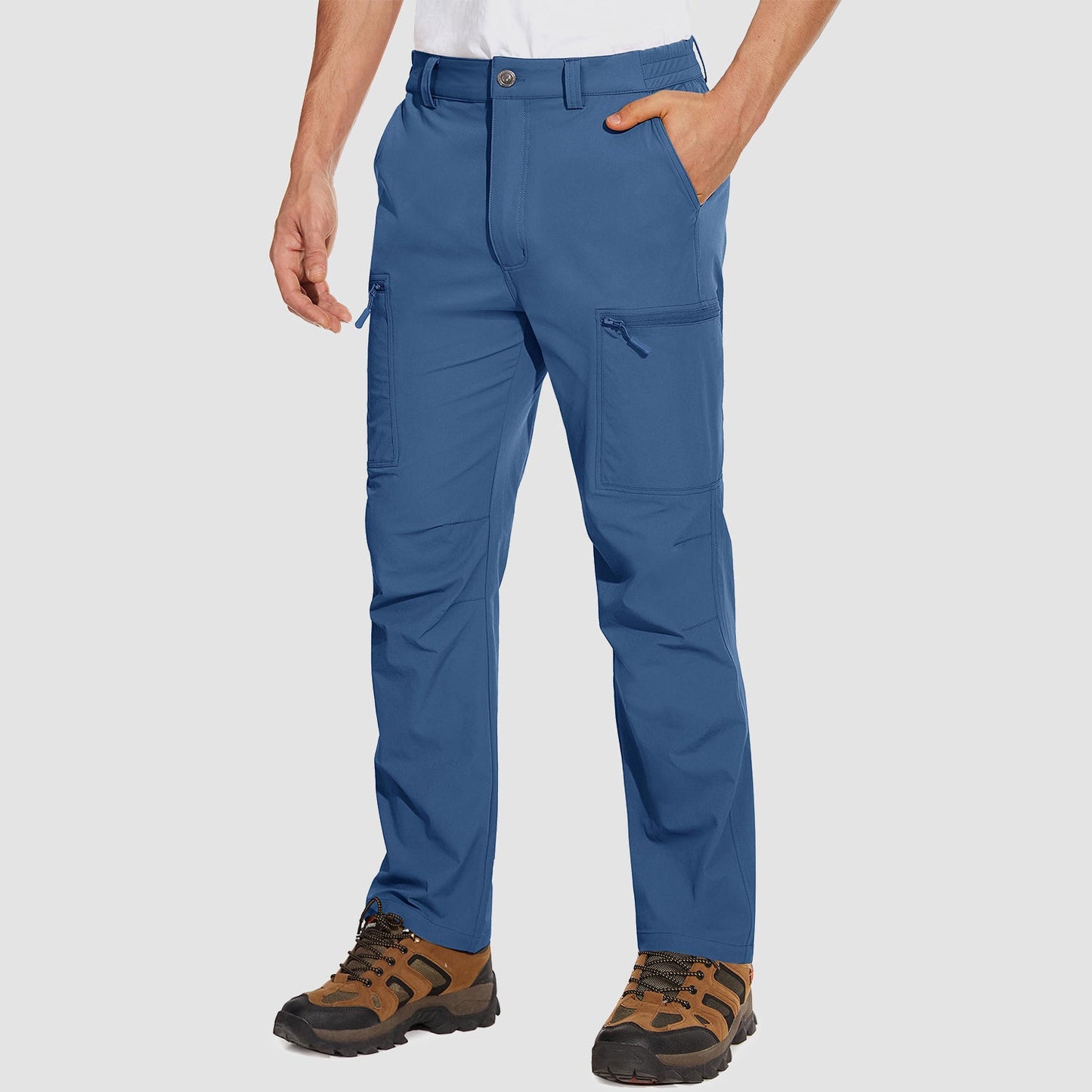 Men's olive green water-resistant ripstop cargo pants with stretch fit and 6-pocket outdoor design