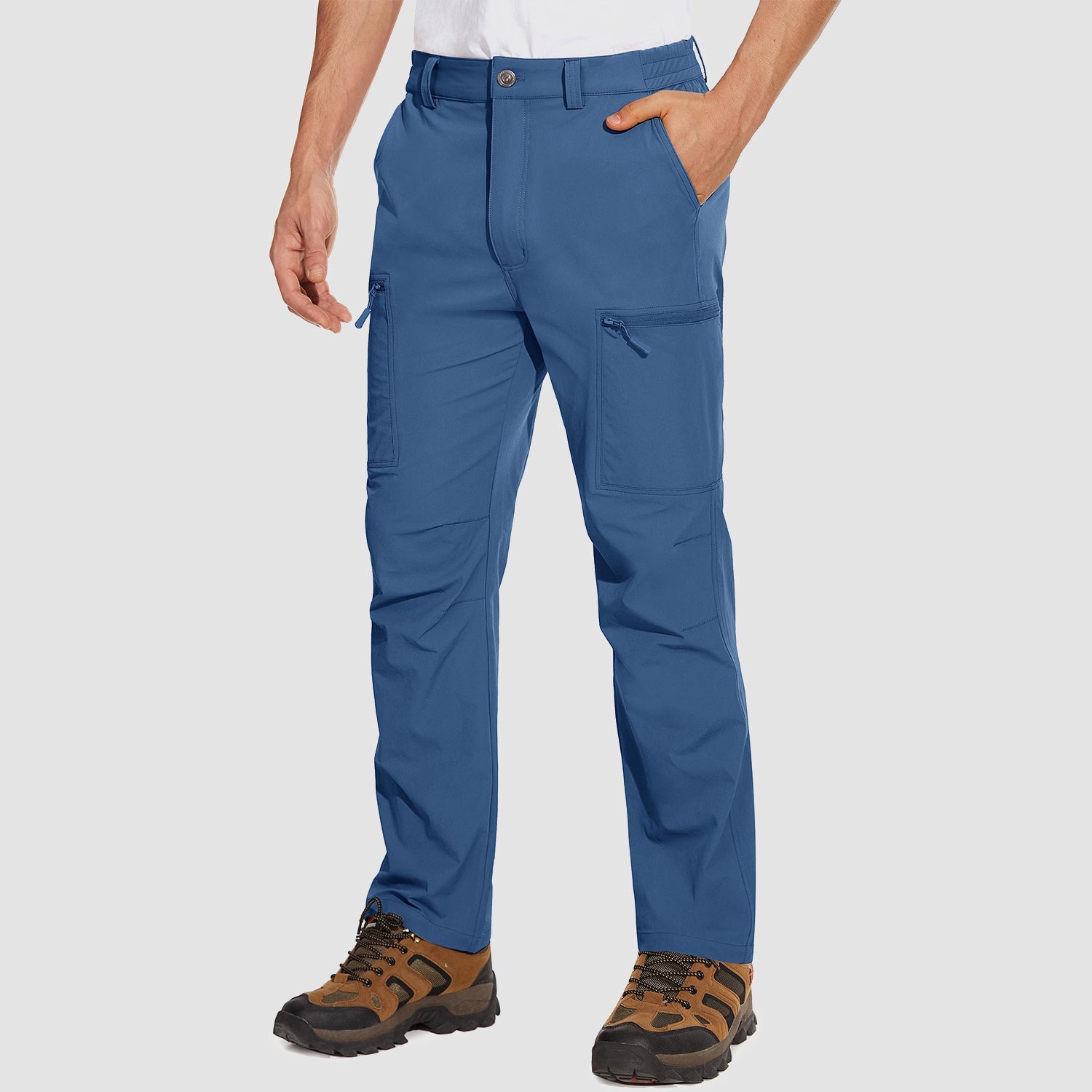 Men's olive green water-resistant ripstop cargo pants with stretch fit and 6-pocket outdoor design