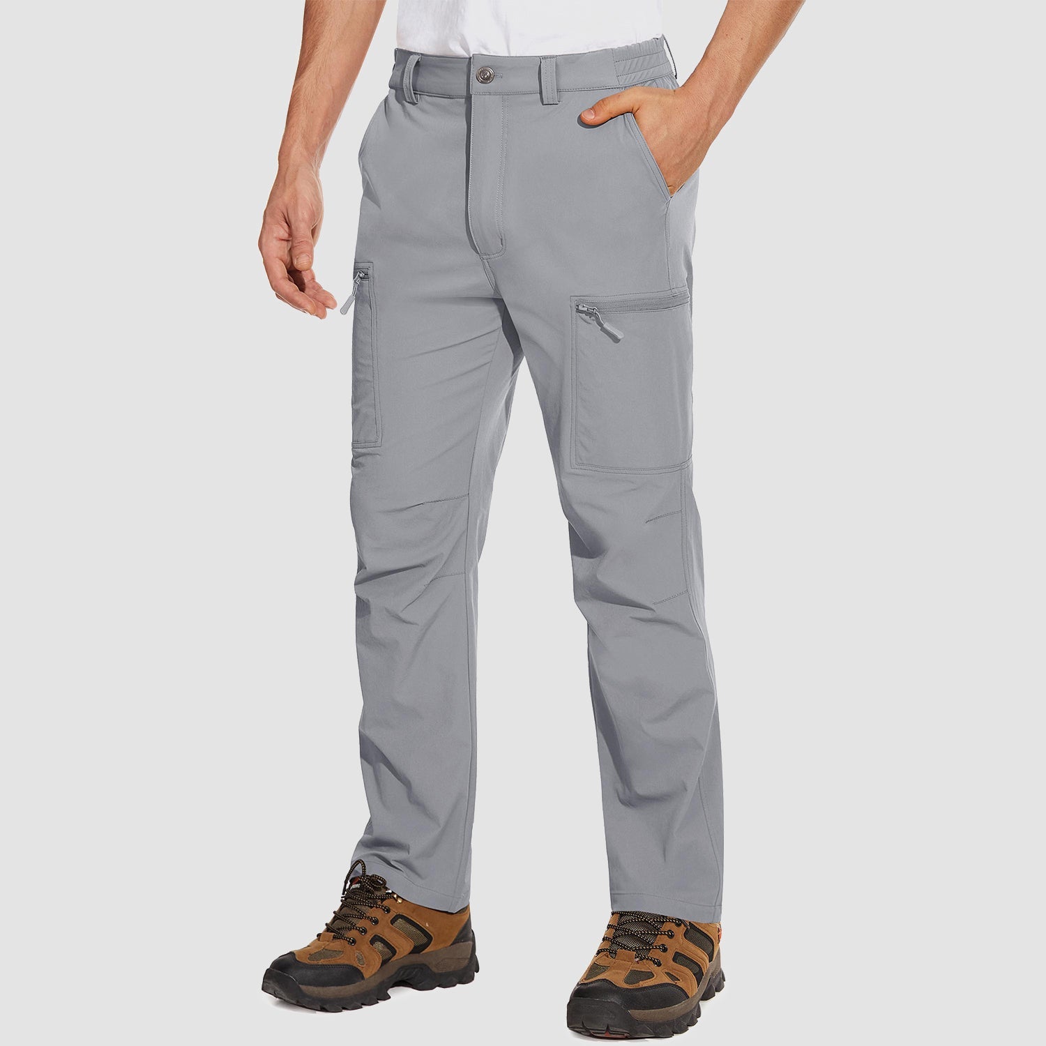 Men's olive green stretch cargo pants water-resistant ripstop fabric 6-pocket outdoor hiking style