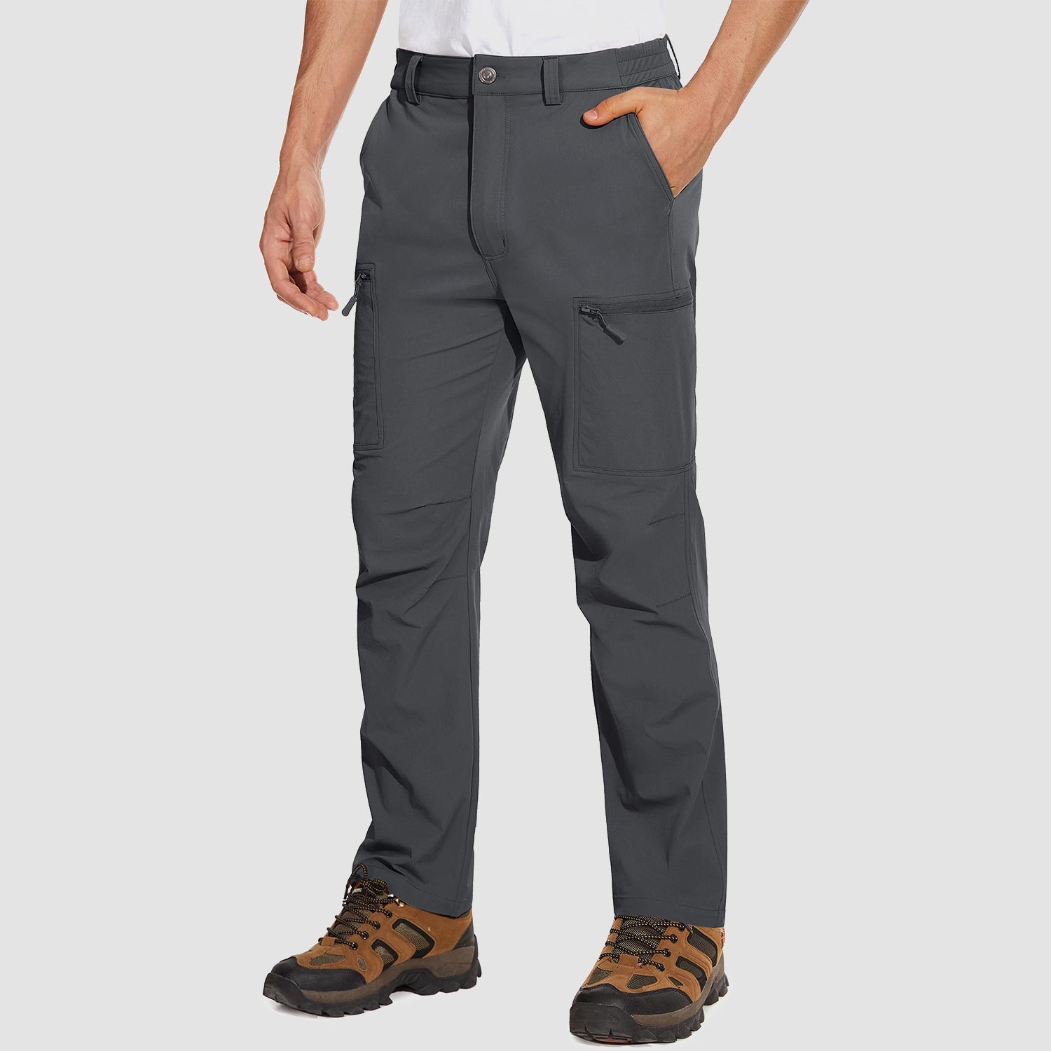 Men's olive green stretch cargo pants water-resistant ripstop fabric 6-pocket outdoor hiking style