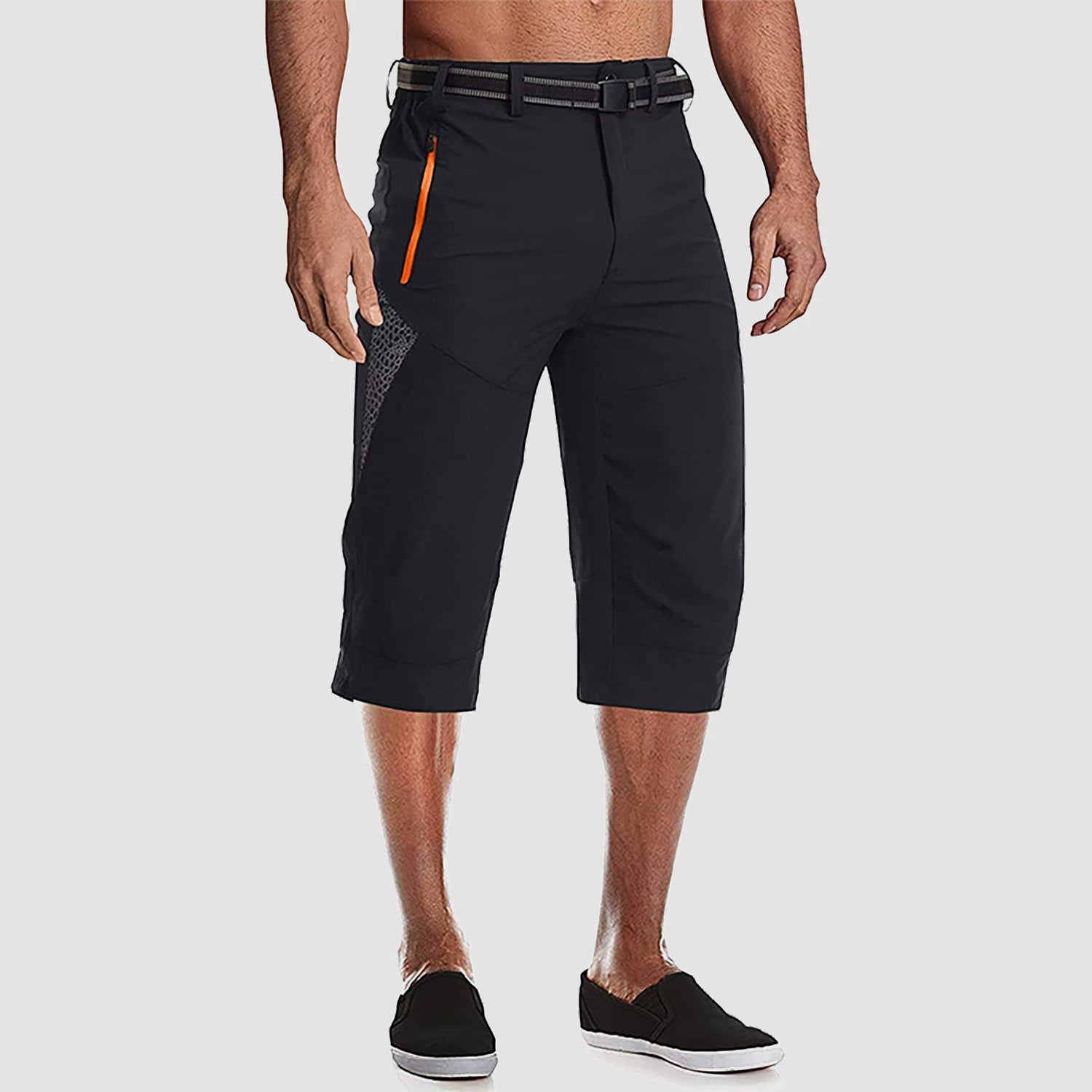 Men's below-knee cargo shorts quick-dry nylon-spandex blend with reinforced knees and 3 zipper pockets
