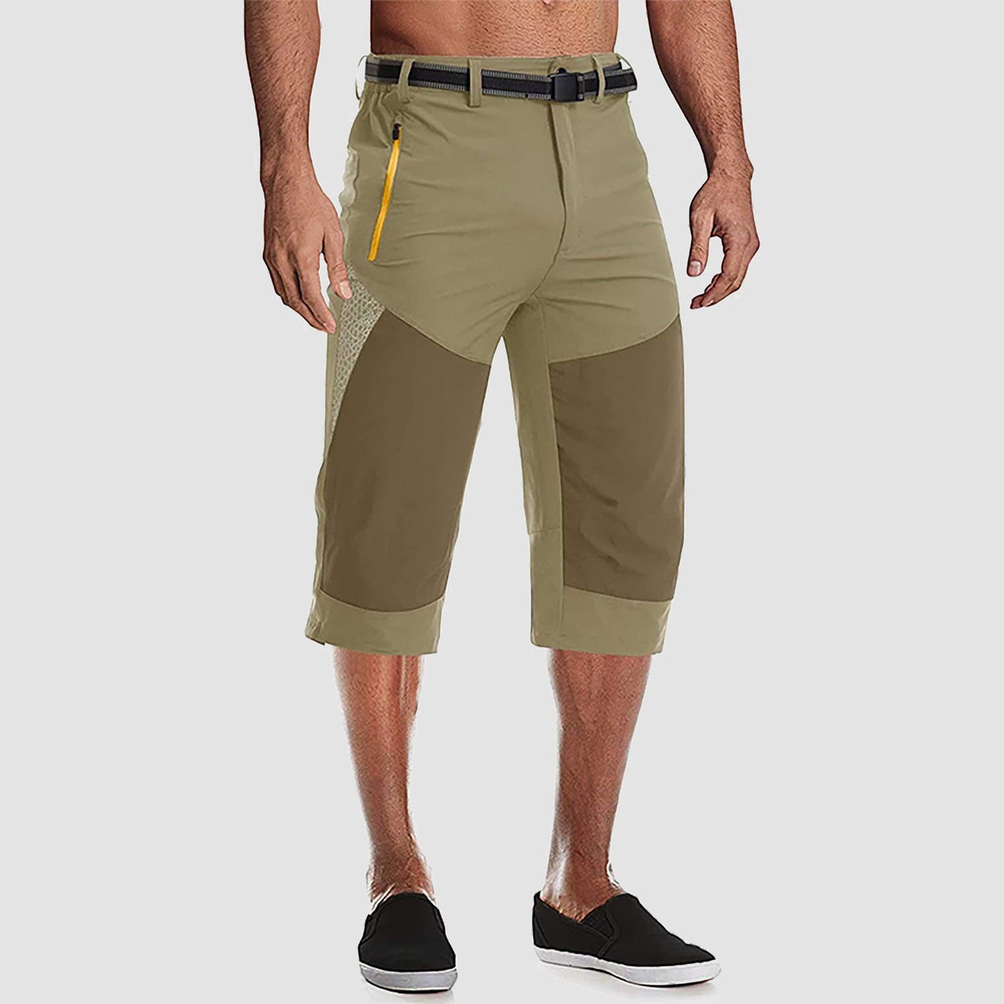 Men's olive green below-knee cargo shorts with reinforced knees and 3 secure zipper pockets