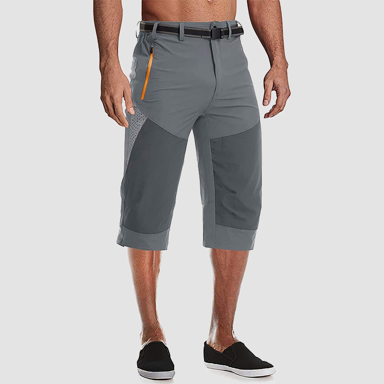 Men's below-knee cargo shorts quick-dry nylon-spandex with reinforced knees and 3 zipper pockets
