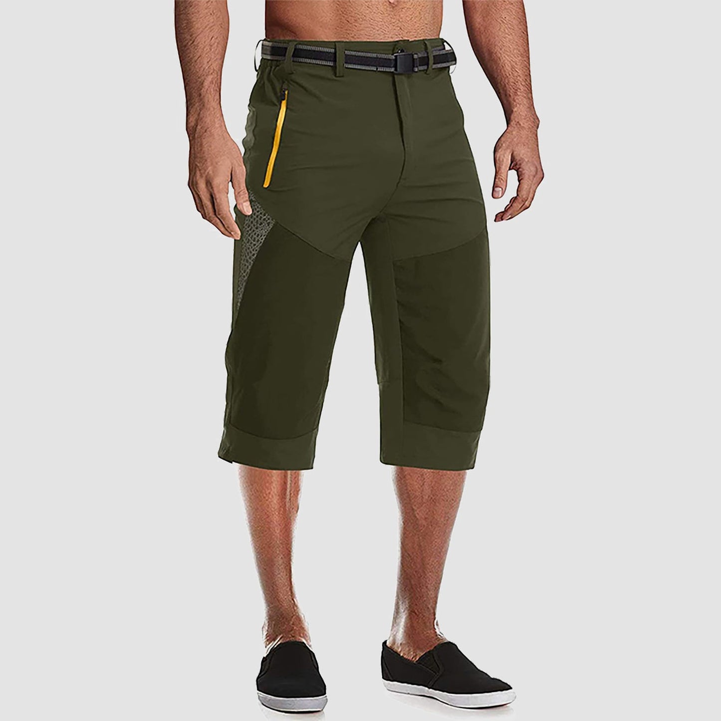 Men's below-knee cargo shorts quick-dry nylon-spandex with reinforced knees and 3 zipper pockets