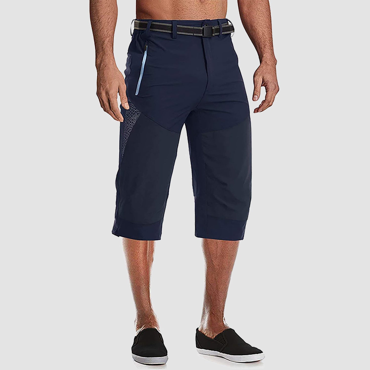 Men's below-knee cargo shorts quick-dry nylon-spandex blend with reinforced knees and 3 zipper pockets