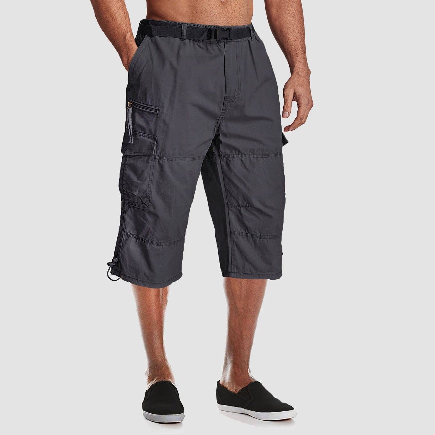 Men's below-knee cotton cargo shorts capri style with 7 pockets durable relaxed workwear