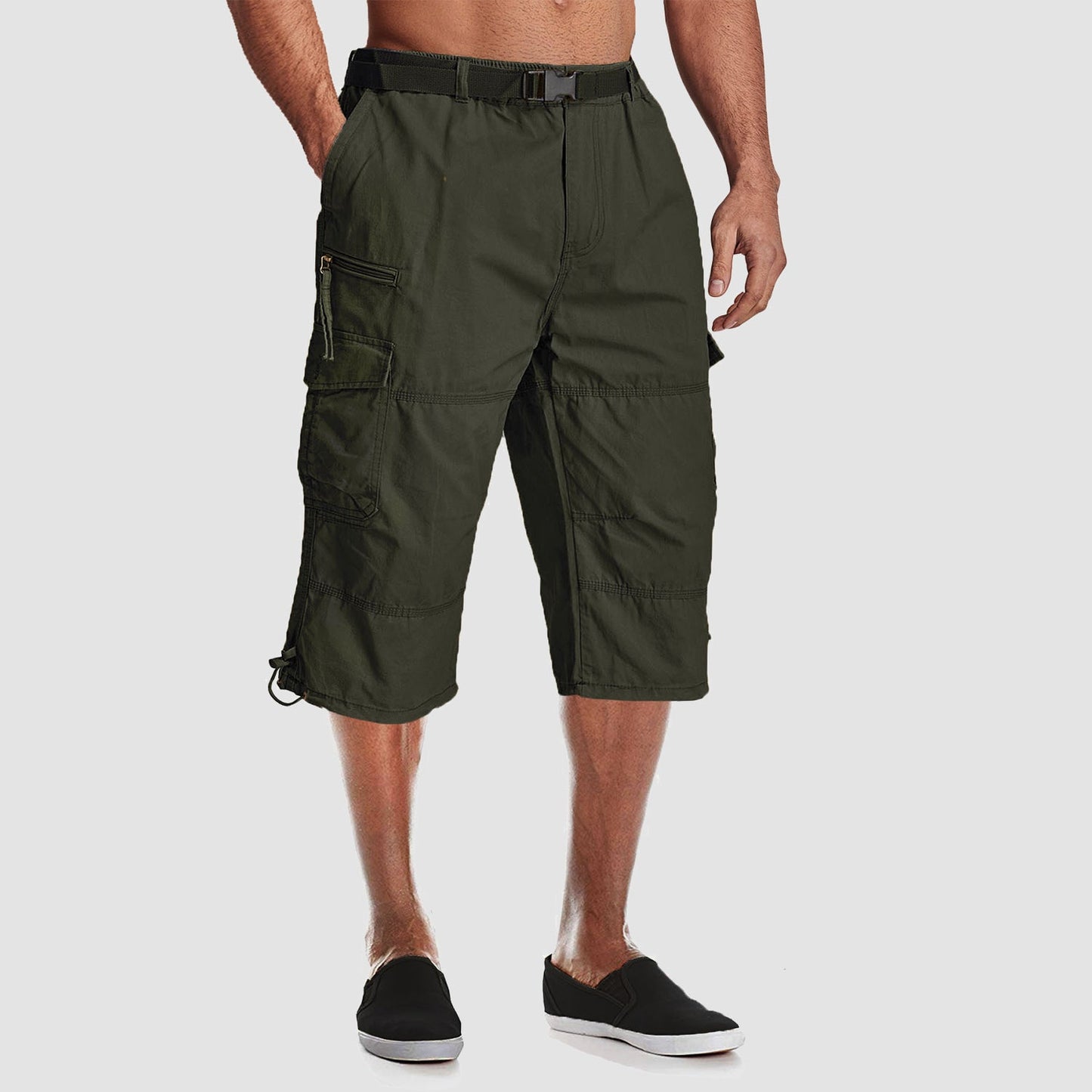 Men's below-knee cotton cargo shorts capri style with 7 pockets, durable relaxed workwear