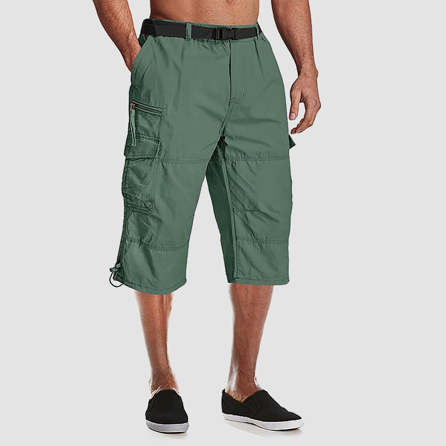 Men's below-knee cotton cargo shorts capri style with 7 pockets, durable relaxed-fit workwear