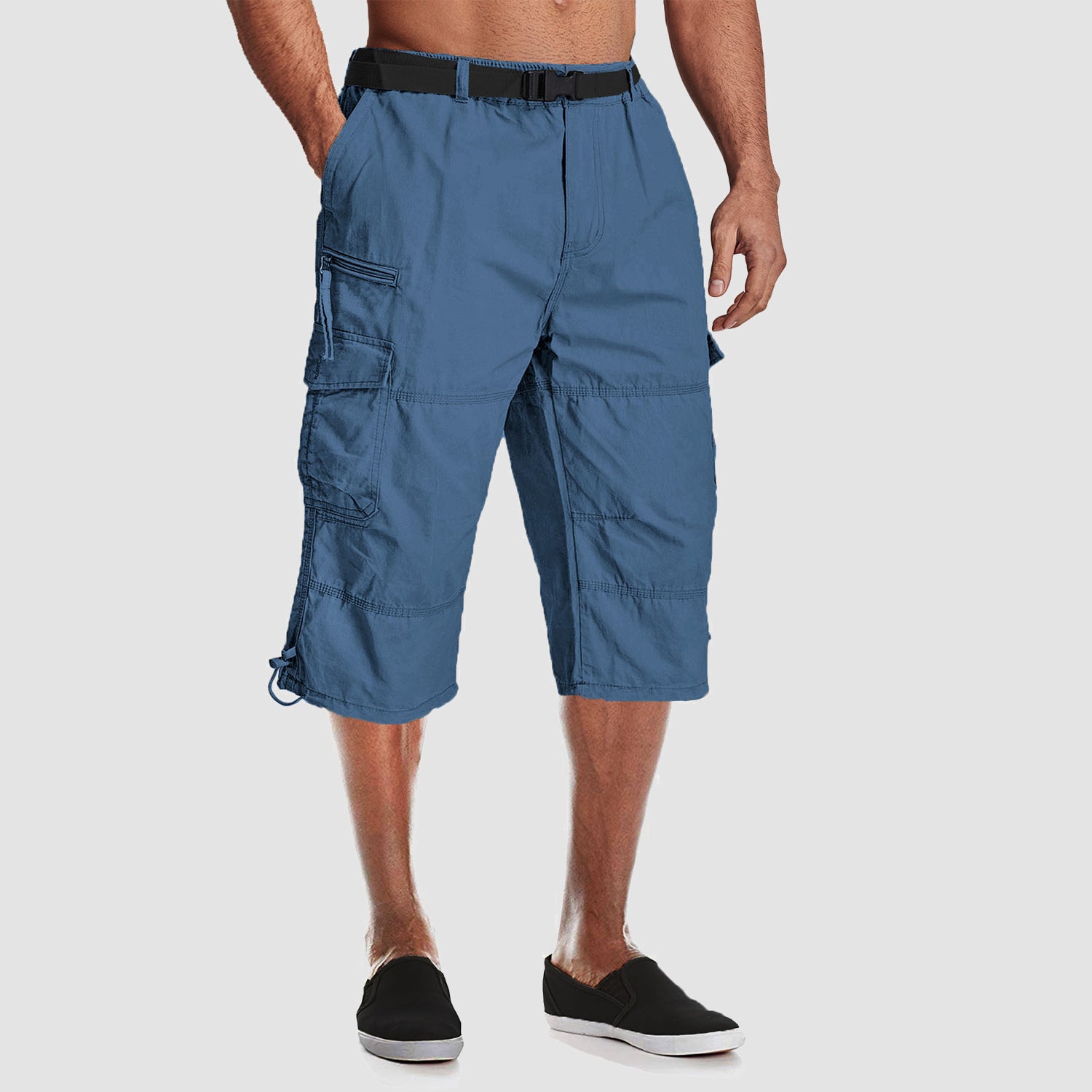 Men's below-knee cotton cargo shorts capri style with 7 pockets, durable workwear relaxed fit