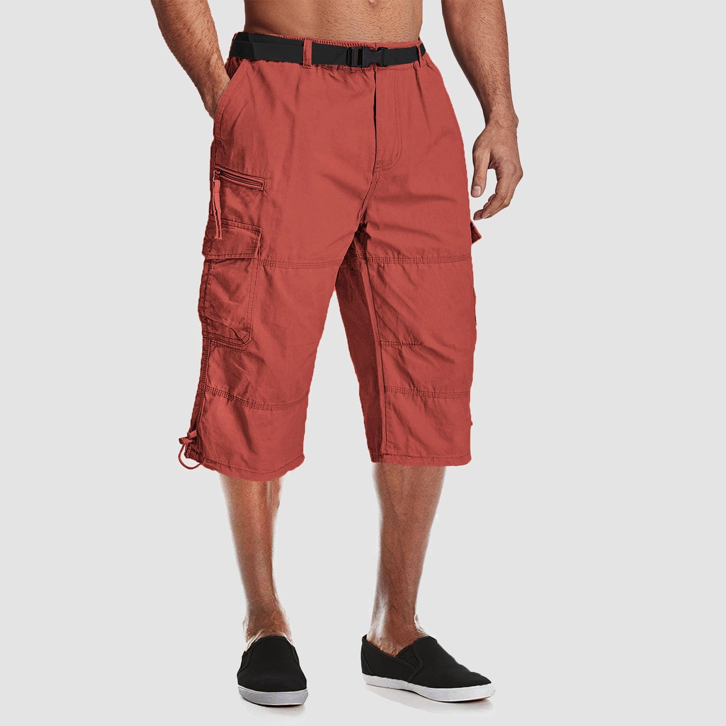 Men's below-knee cotton cargo shorts capri style with 7 pockets, durable relaxed workwear