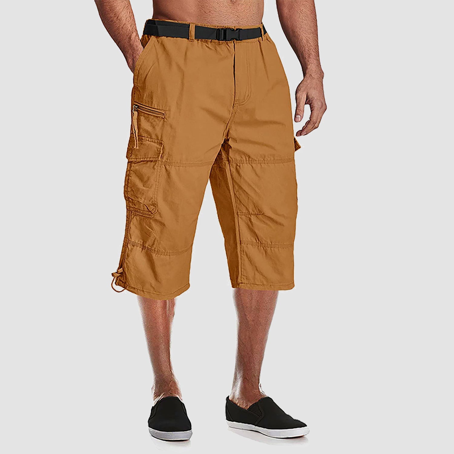 Men's below-knee cotton cargo shorts capri-style cut with 7 pockets durable workwear