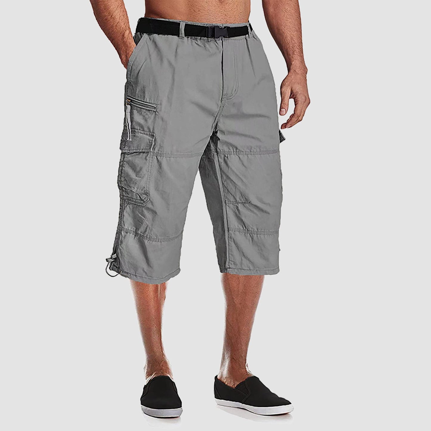 Men's below-knee cotton cargo shorts capri style with 7 pockets, durable relaxed workwear