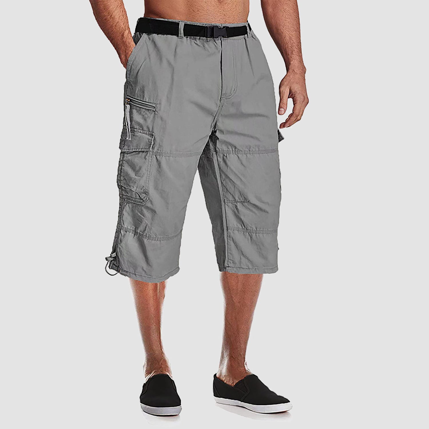 Men's below-knee cotton cargo shorts capri style with 7 pockets, durable relaxed workwear