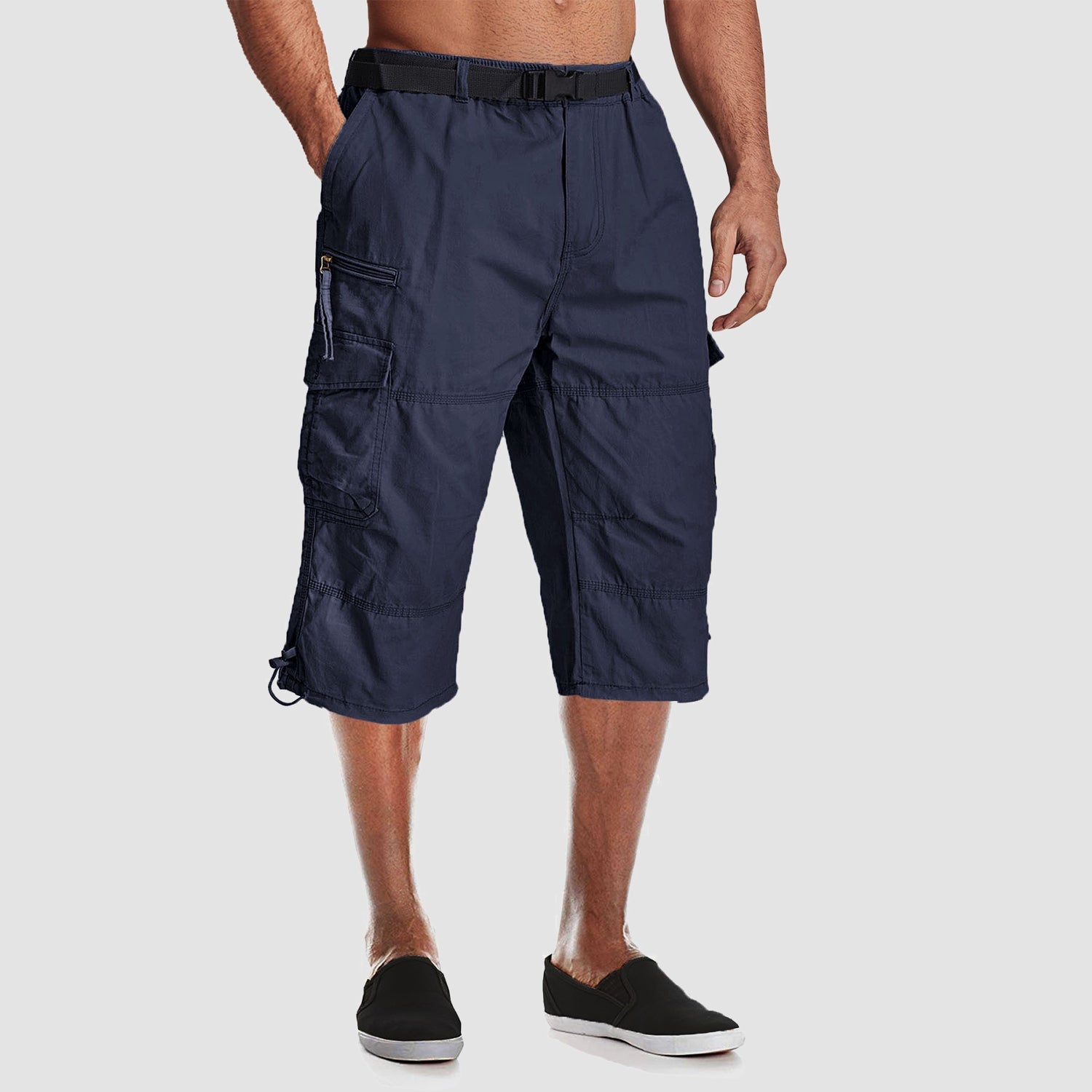 Men's below-knee cotton cargo shorts capri style with 7 pockets, durable relaxed workwear
