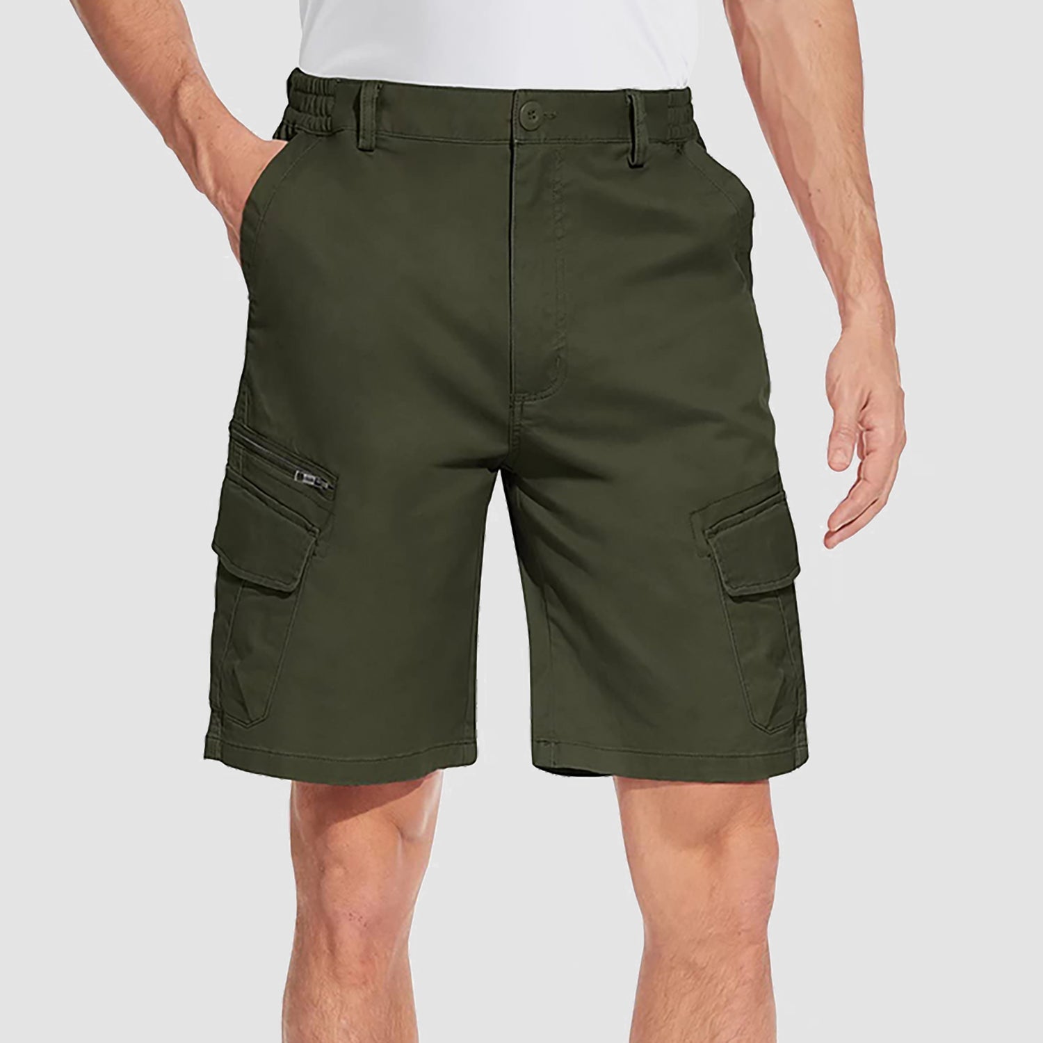 Men's khaki classic fit cargo shorts with elastic waistband and multiple utility pockets in cotton spandex