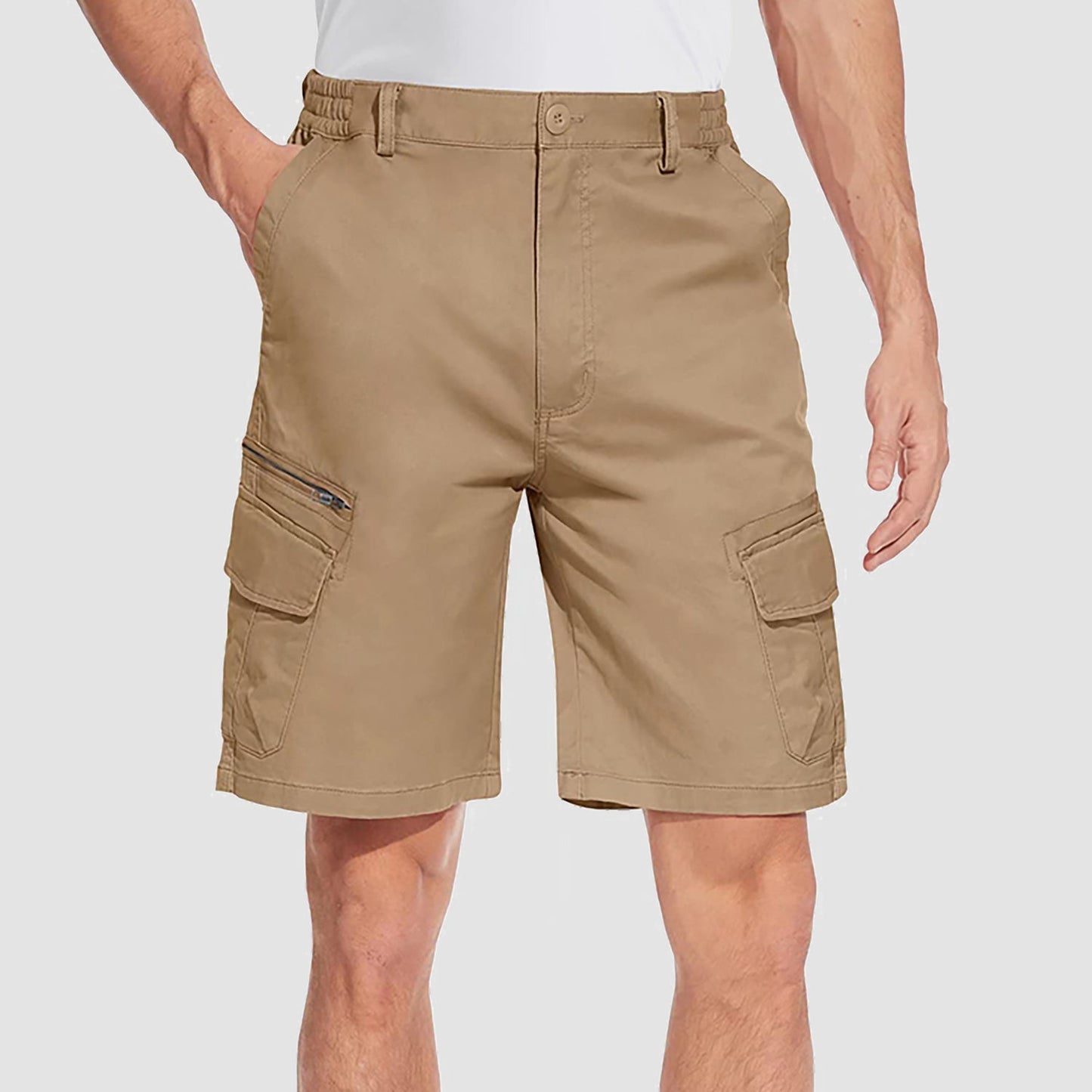 Men's classic fit cargo shorts breathable cotton blend elastic waistband multiple pockets active wear