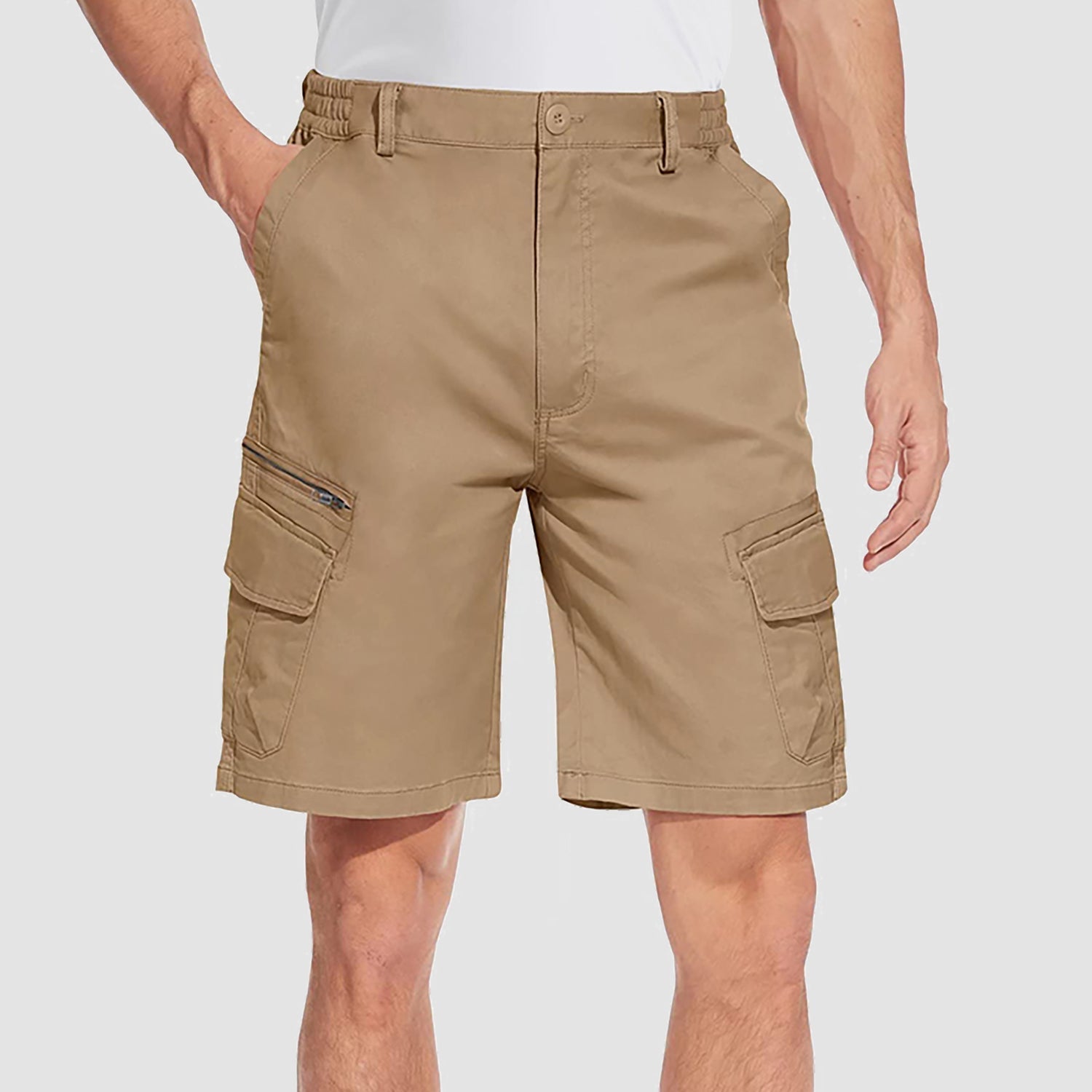 Men's classic fit cargo shorts breathable cotton blend elastic waistband multiple pockets active wear