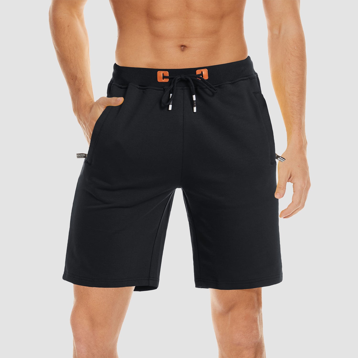 Men's cotton jogger shorts elastic waist zipper pockets moisture-wicking quick-dry athletic performance fit