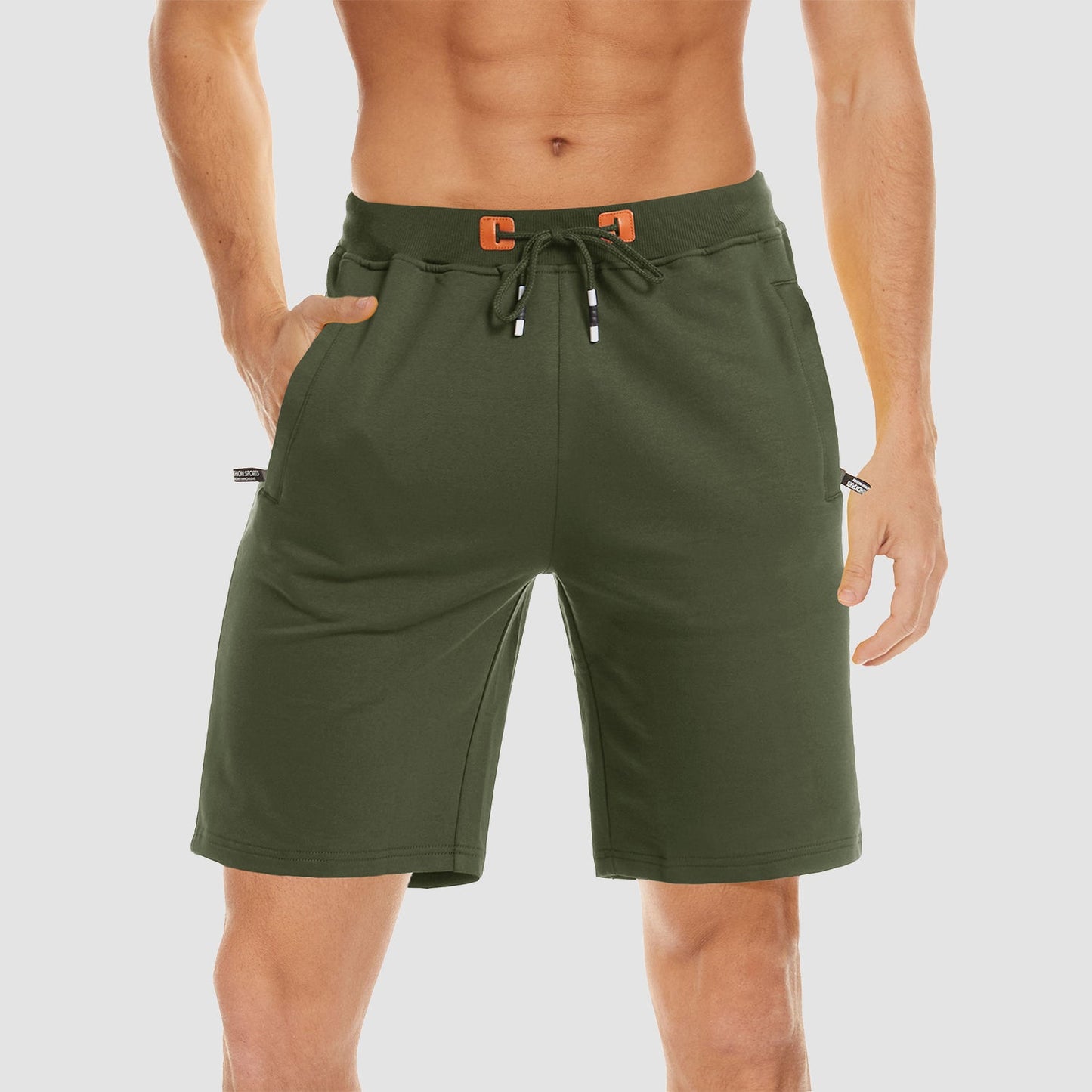 Men's gray cotton jogger shorts with elastic drawstring waist and zipper pockets, moisture-wicking quick-dry fit