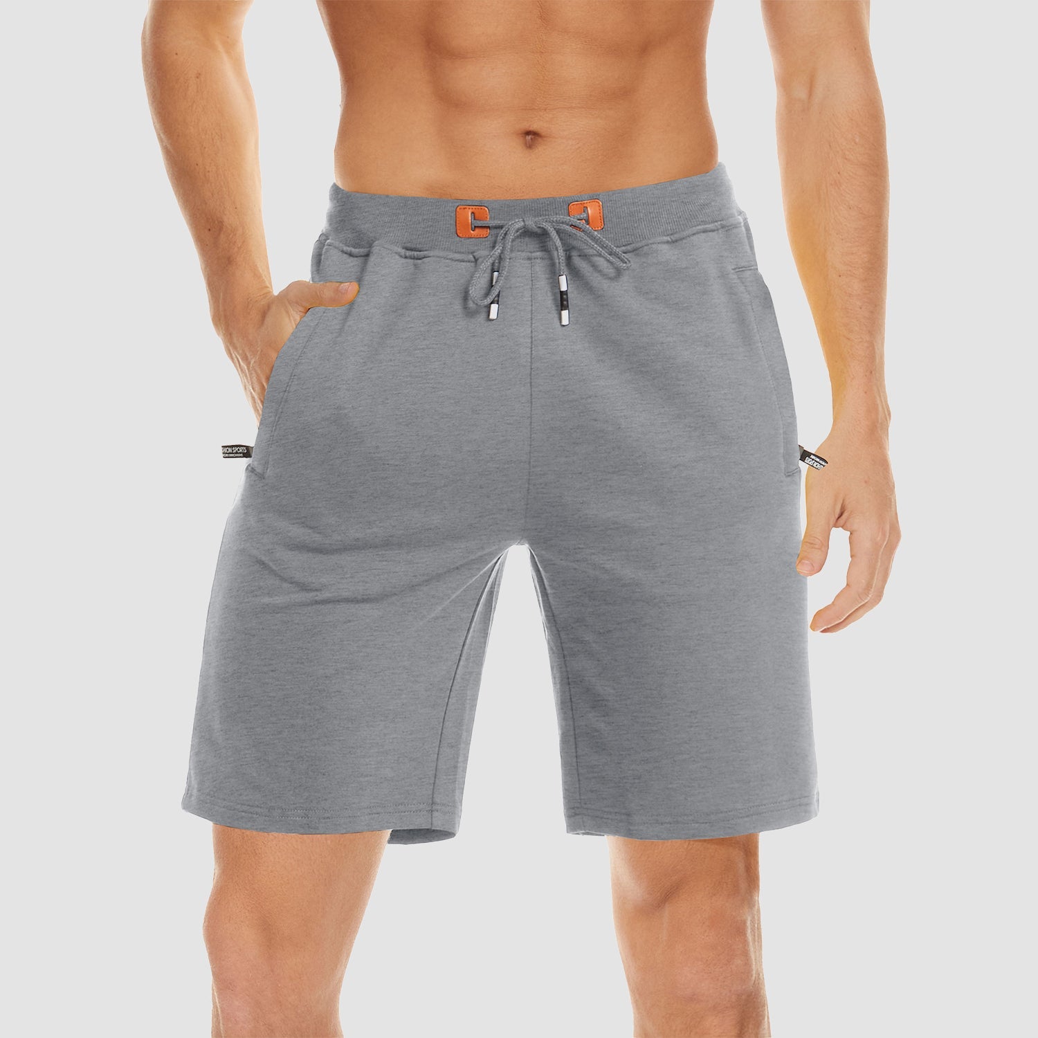 Men's gray cotton jogger shorts elastic waist zipper pockets moisture-wicking quick-dry performance fit
