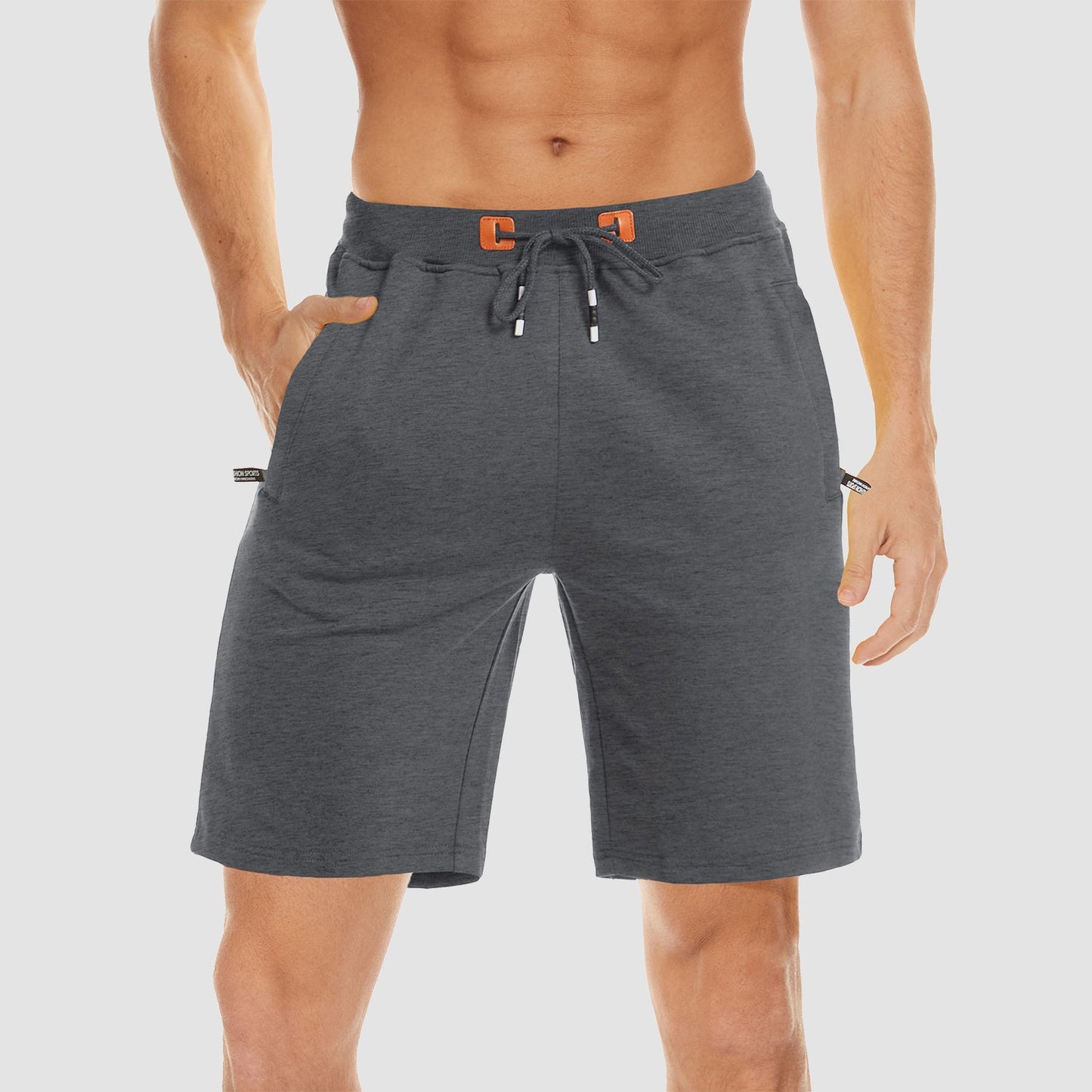 Men's gray cotton jogger shorts elastic waist zipper pockets moisture-wicking quick-dry performance fit