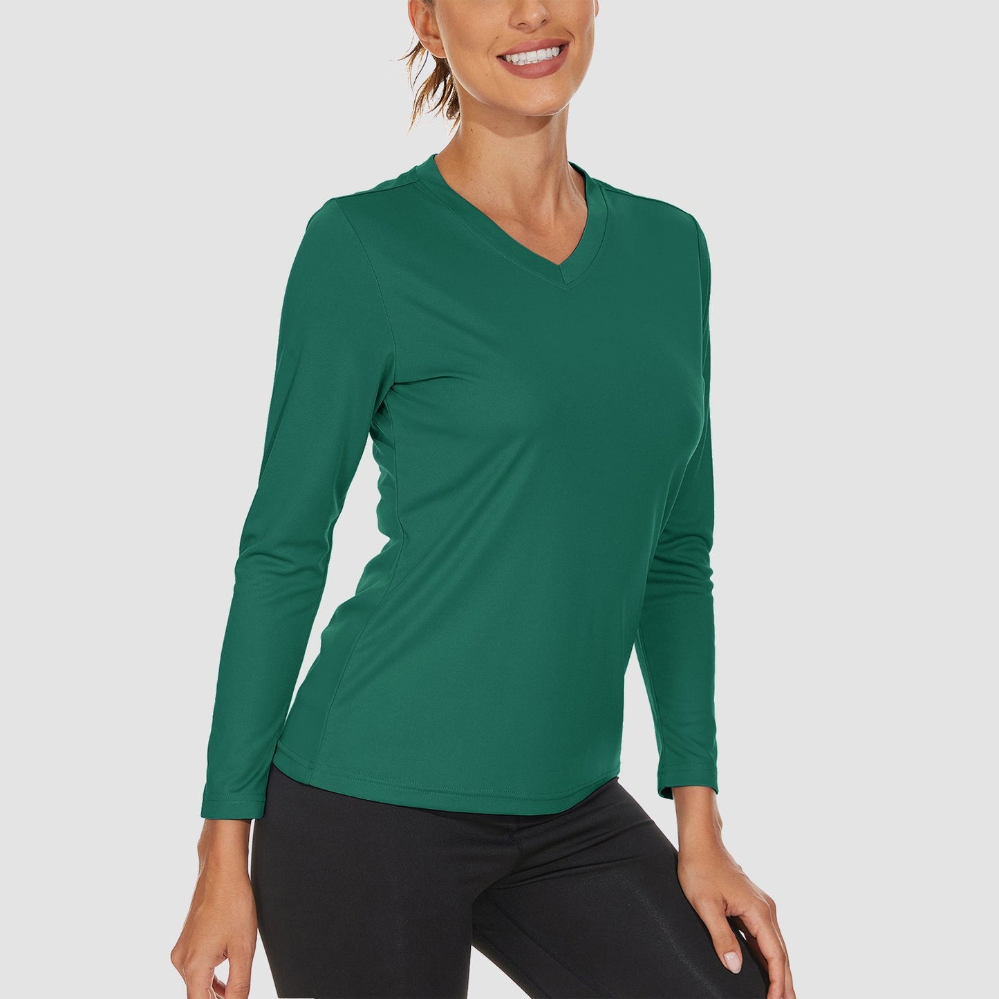 Women's UPF 50+ long sleeve V-neck hiking shirt, lightweight quick-dry breathable fabric for active outdoor use