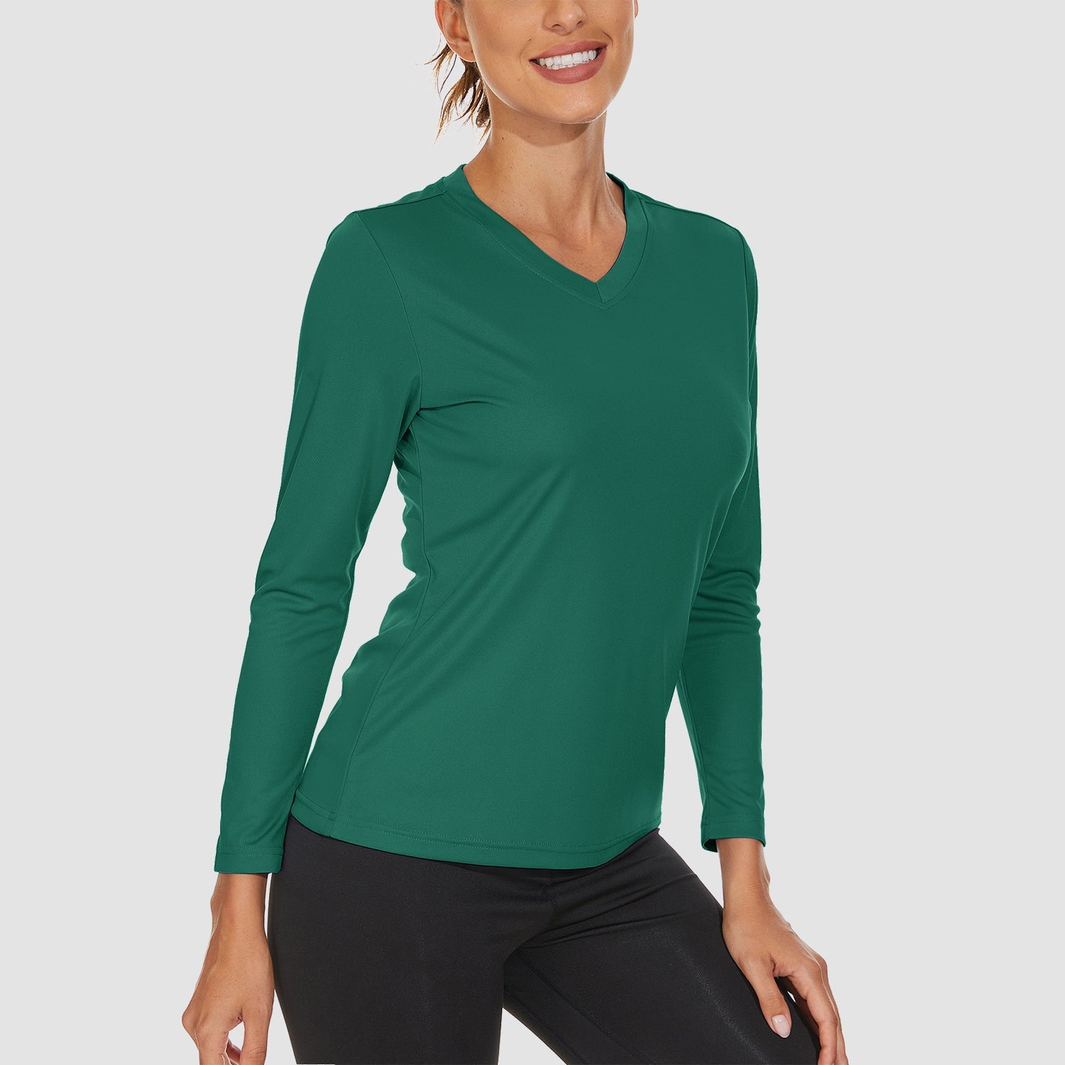 Women's UPF 50+ long sleeve V-neck hiking shirt, lightweight quick-dry breathable fabric for active outdoor use