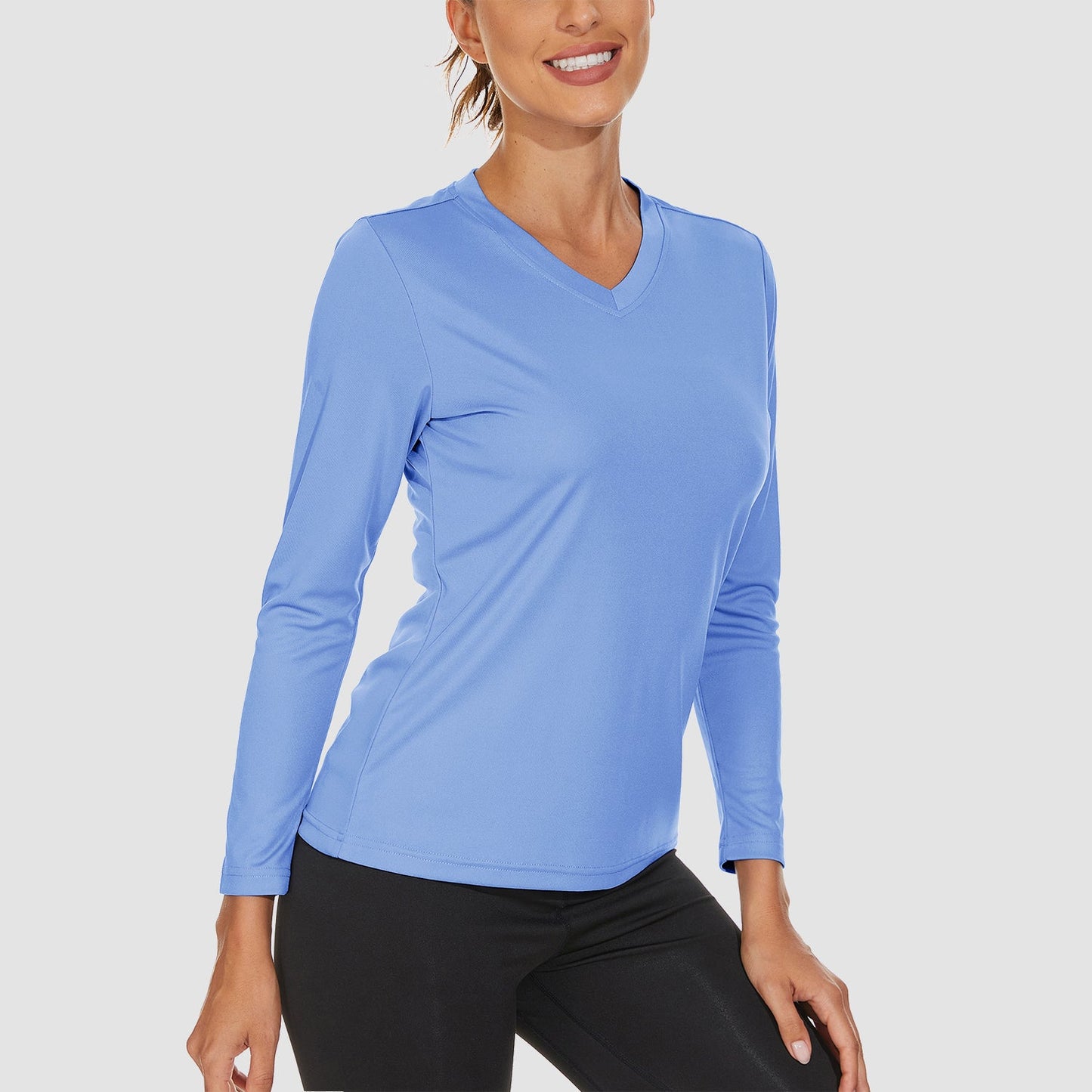 Women's UPF 50+ long sleeve V-neck hiking shirt, lightweight quick-dry breathable polyester for active outdoor use