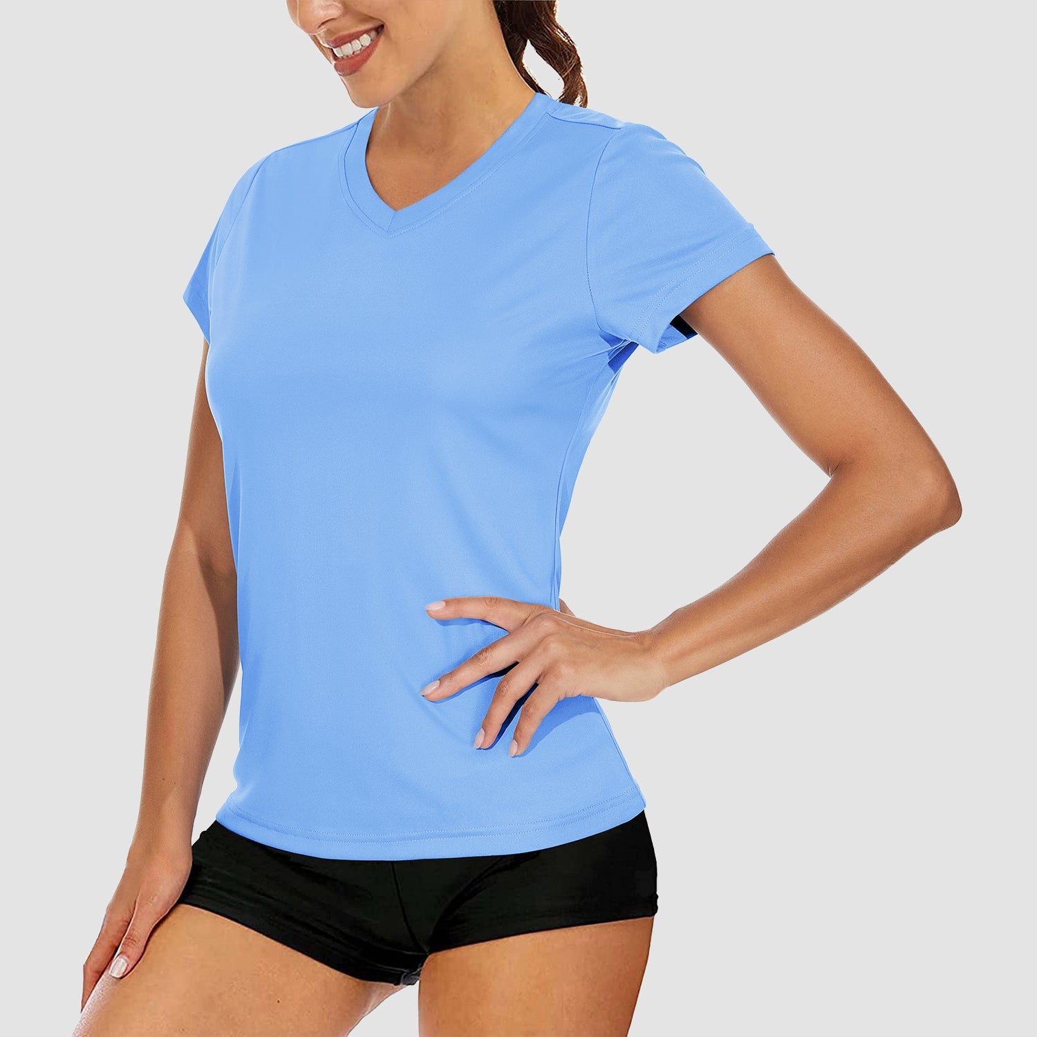 Women's quick-dry V-neck athletic t-shirt lightweight moisture-wicking polyester top for yoga running