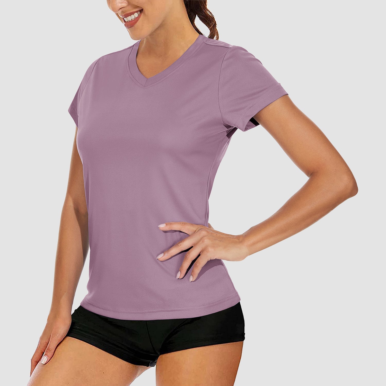 Women's quick-dry V-neck athletic T-shirt lightweight moisture-wicking polyester top for yoga running