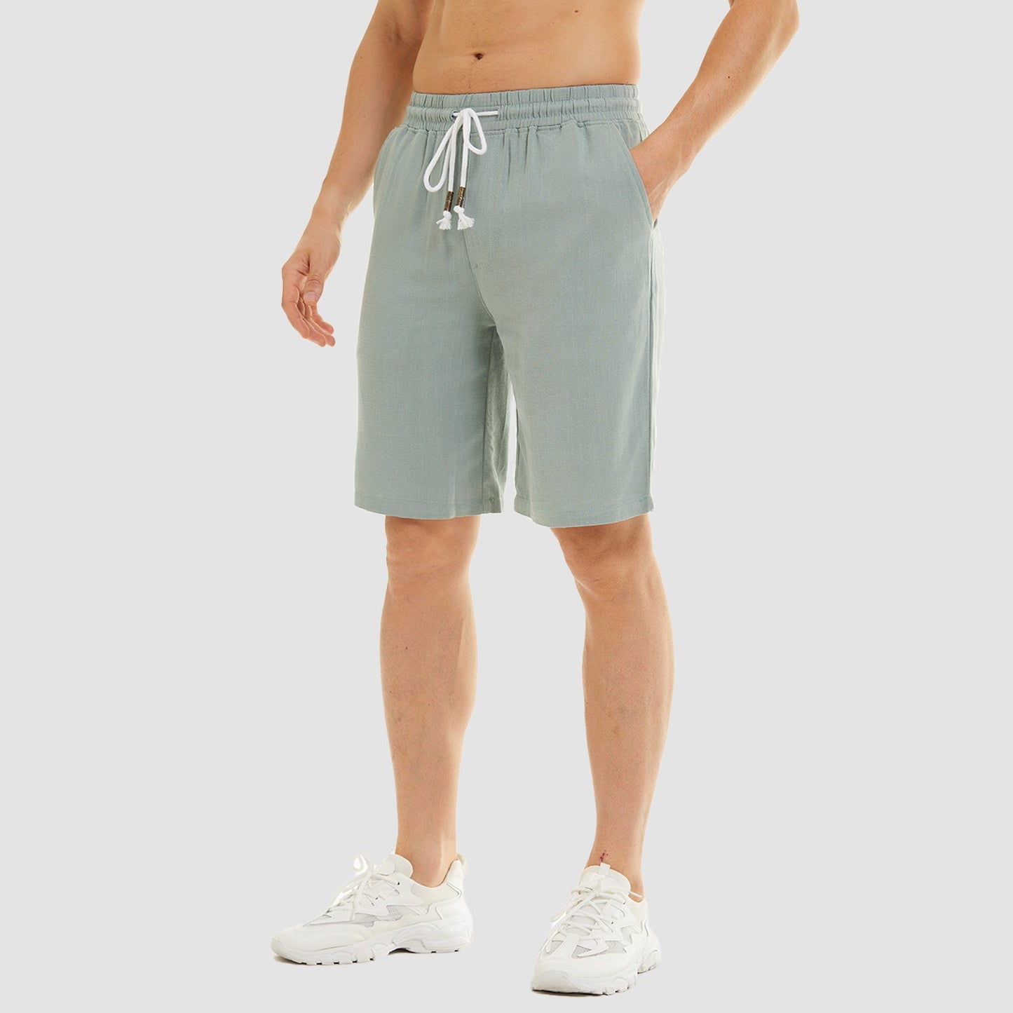 Men's linen cotton shorts elastic drawstring waist lightweight breathable beach golf casual summer