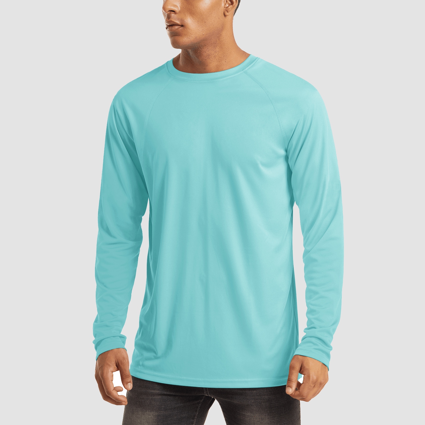 Men's light blue UPF 50+ quick-dry hiking shirt with flatlock seams and moisture-wicking fabric