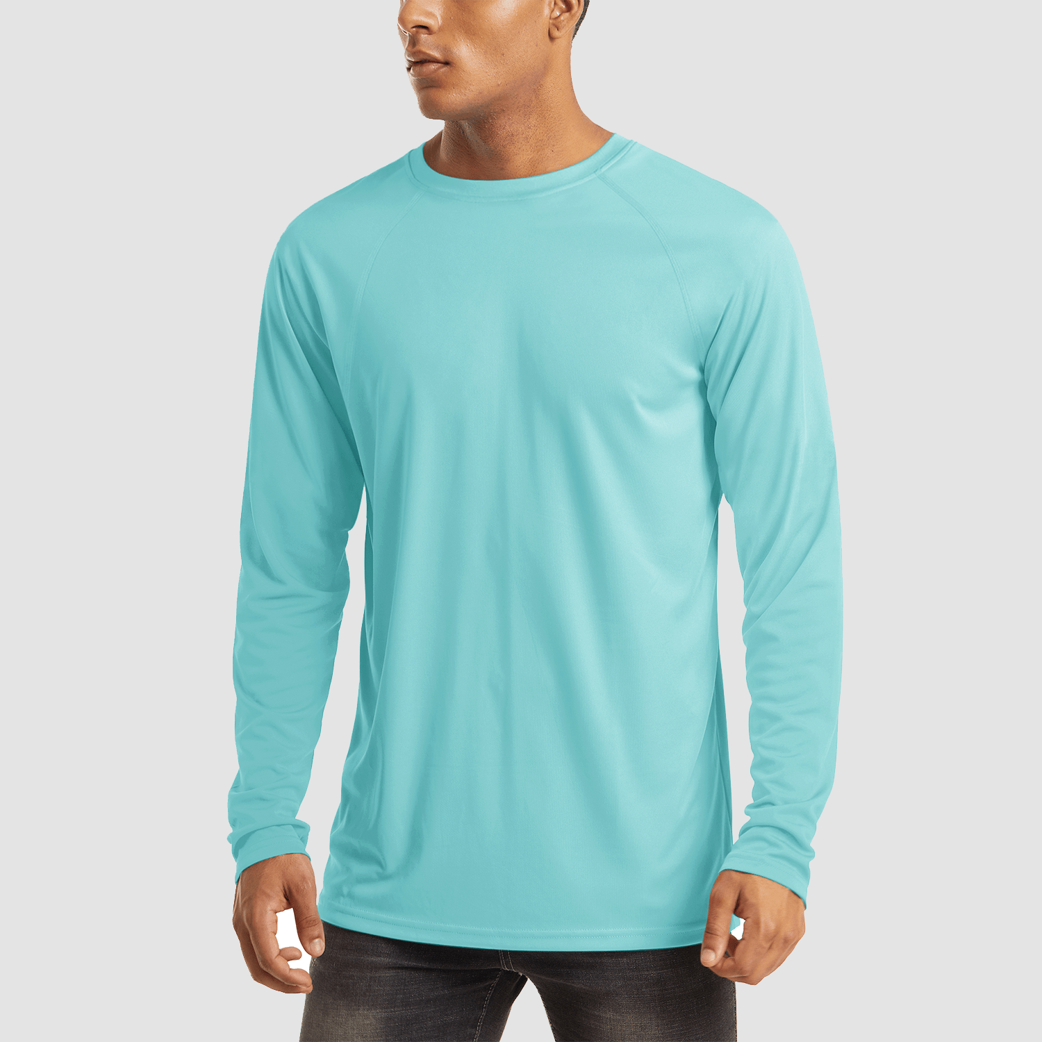 Men's light blue UPF 50+ quick-dry hiking shirt with flatlock seams and moisture-wicking fabric