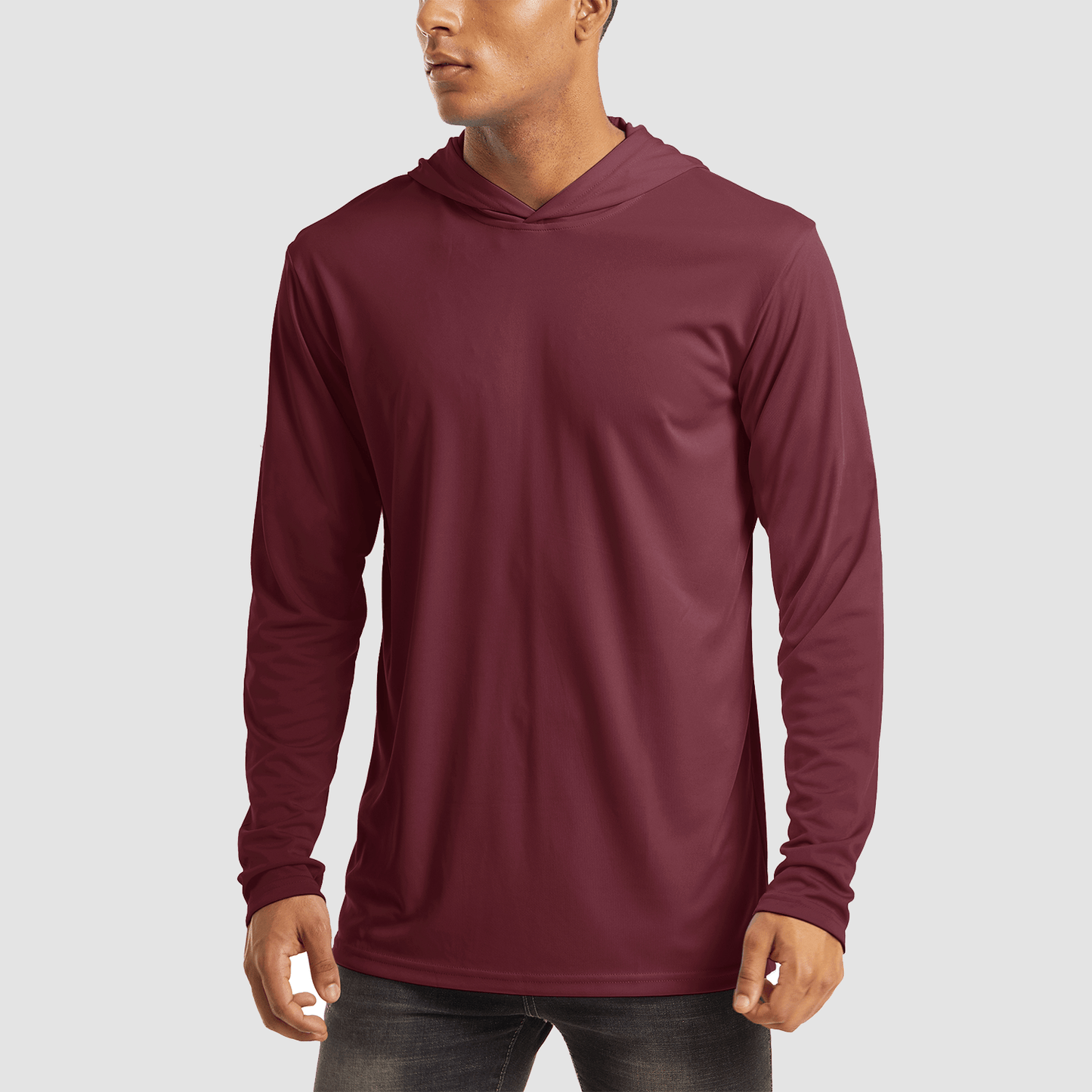 Men's UPF 50+ hooded fishing shirt lightweight quick-dry breathable sun protection flatlock seams