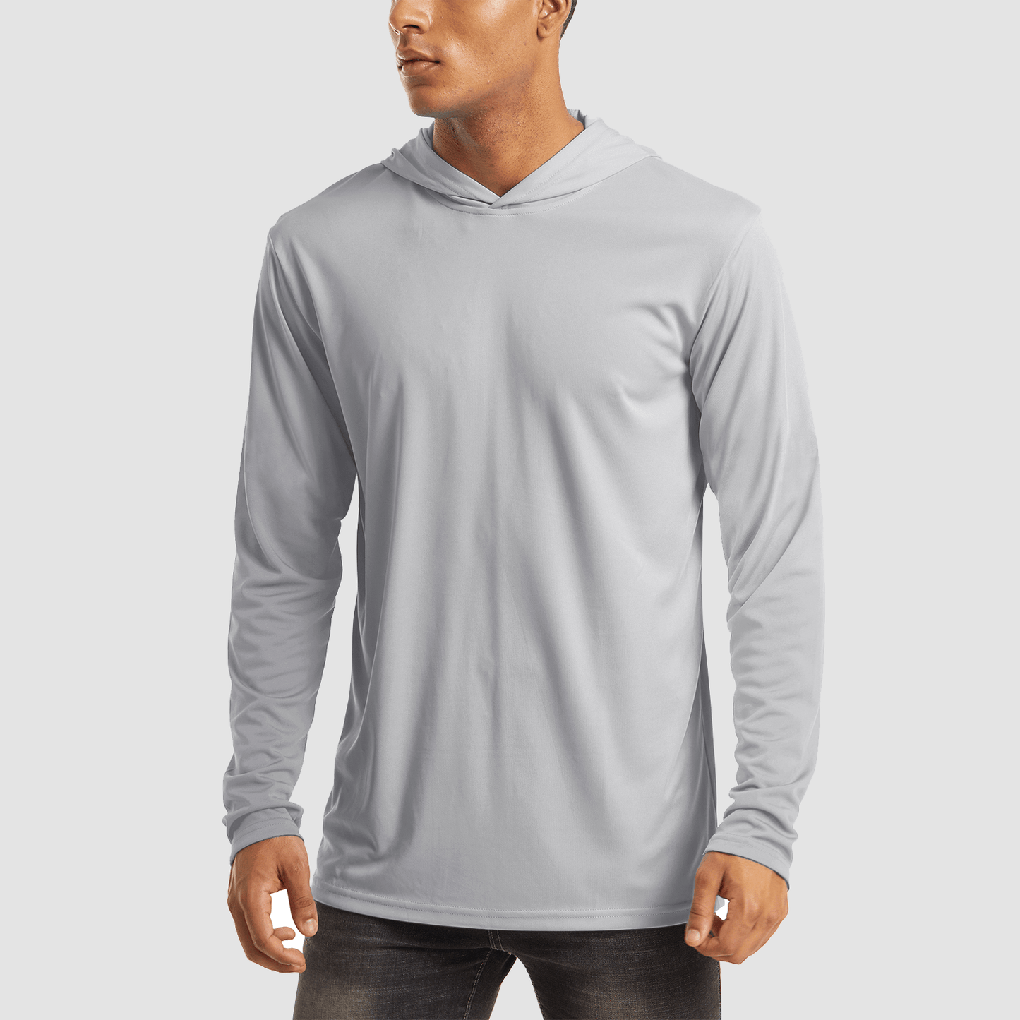 Men's light blue UPF 50+ hooded fishing shirt with flatlock seams and quick-dry breathable fabric