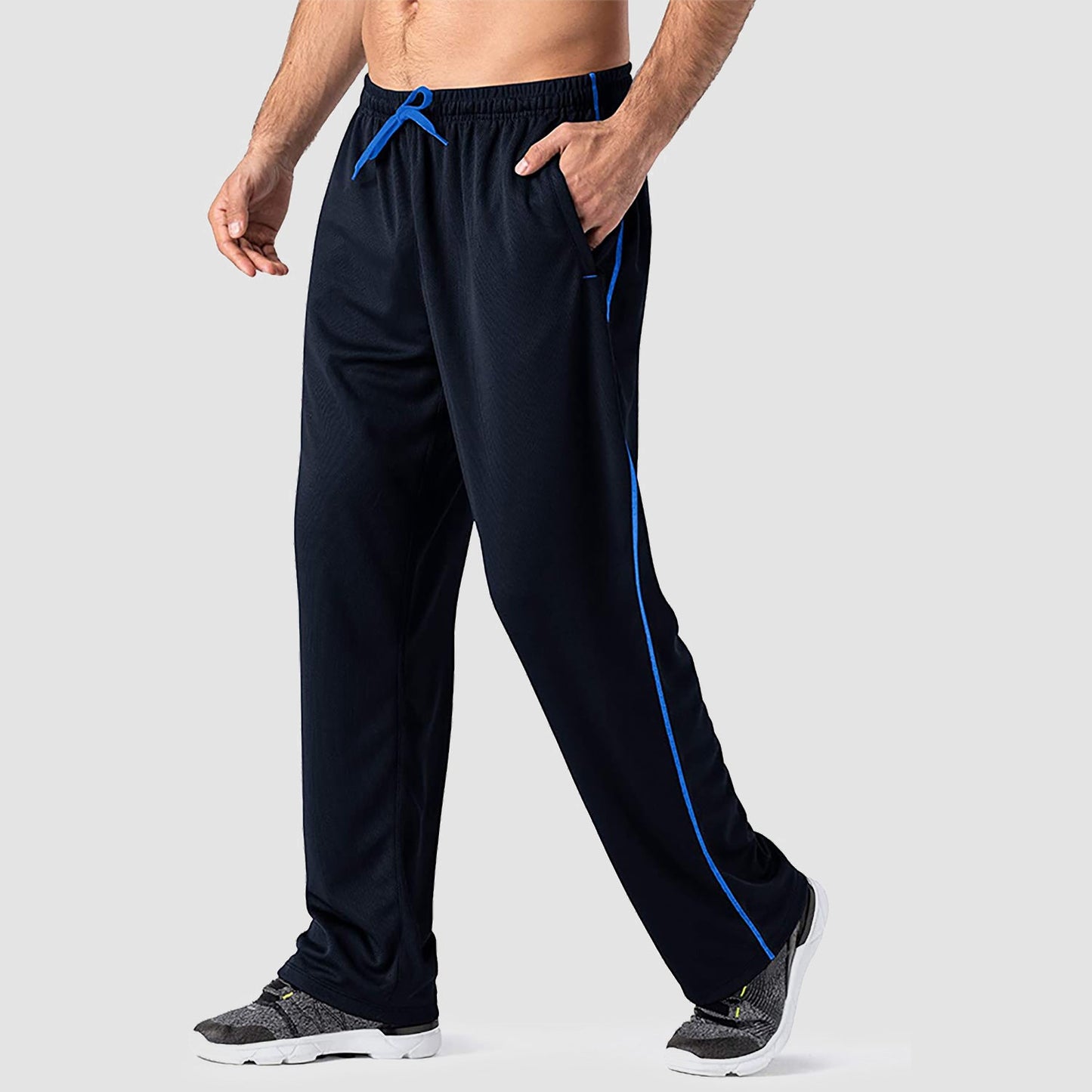 Men's quick-dry loose-fit sweatpants moisture-wicking polyester with secure zip pockets adjustable drawstring