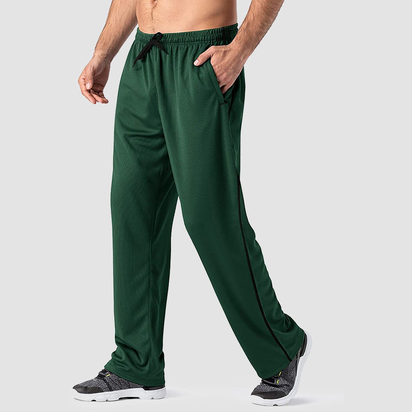 Men's quick-dry loose-fit sweatpants moisture-wicking polyester with secure zip pockets adjustable drawstring