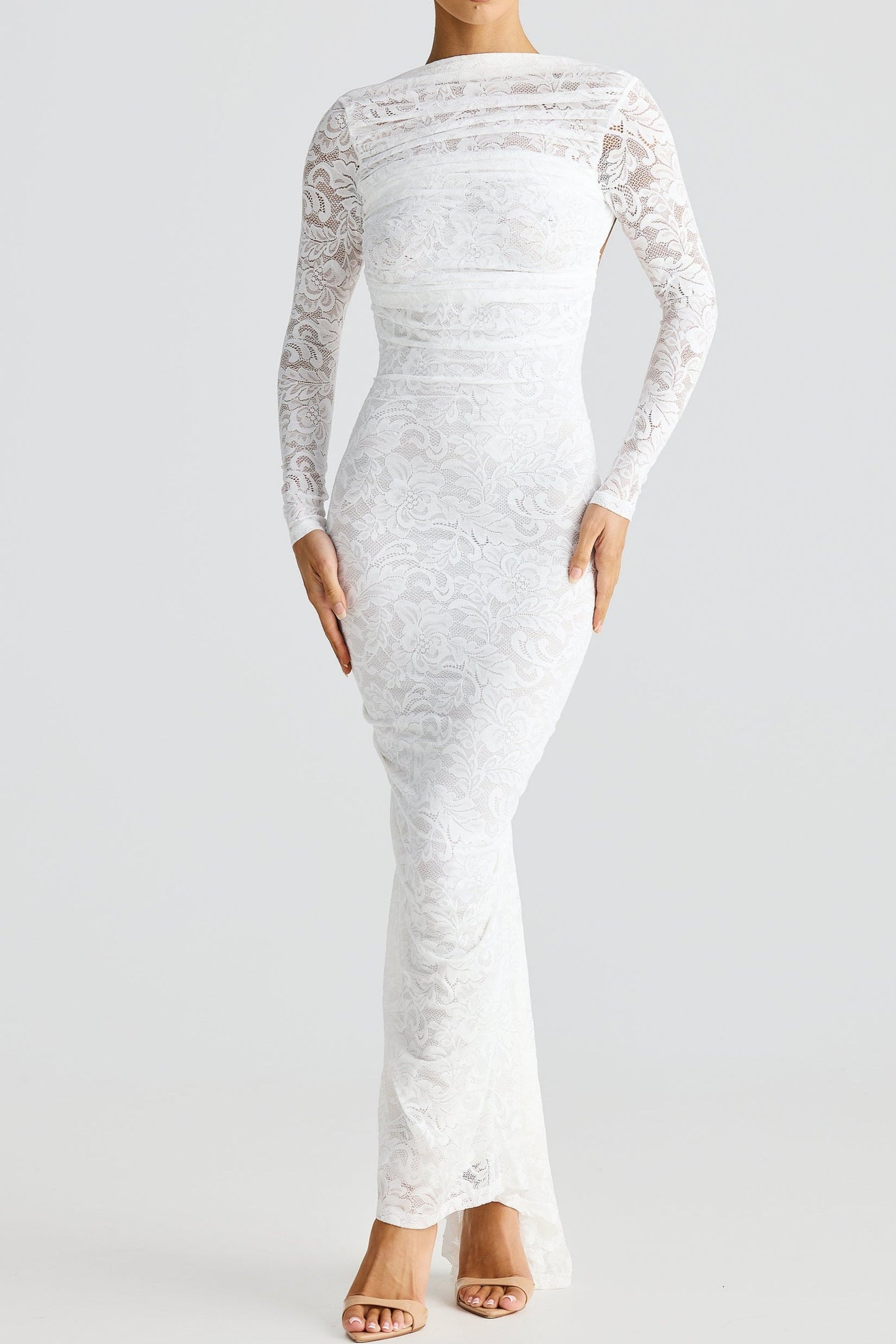 Black lace maxi dress long sleeves backless design sheer bust lining stretch fit formal elegant