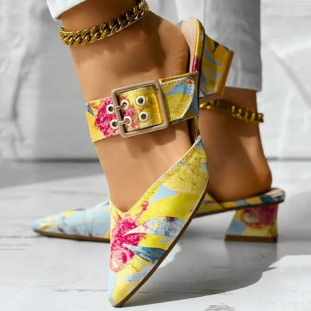 Women's nude closed-toe block heel mules with gold buckle strap, slip-on polished style
