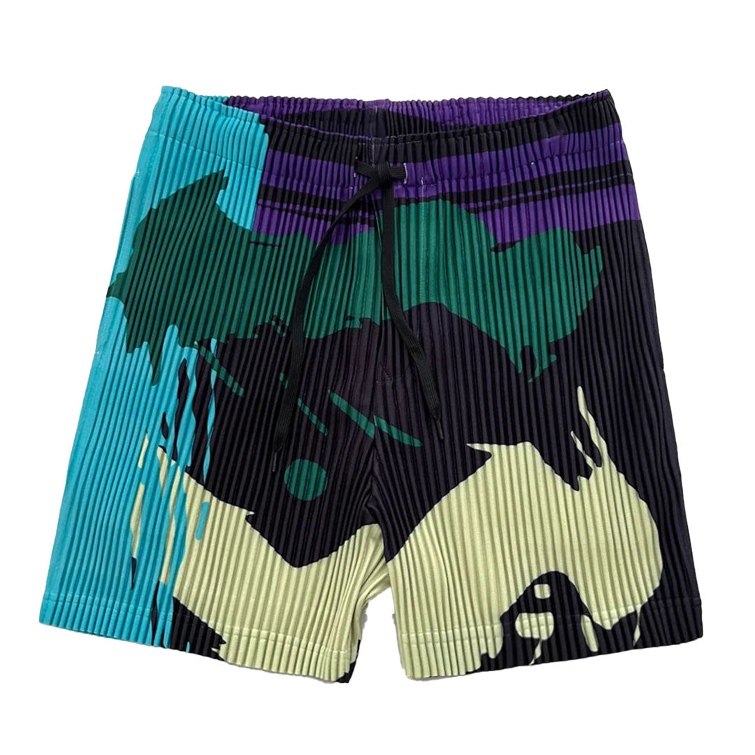 Unisex pleated shorts multicolor paint splatter print drawstring waist relaxed summer fit